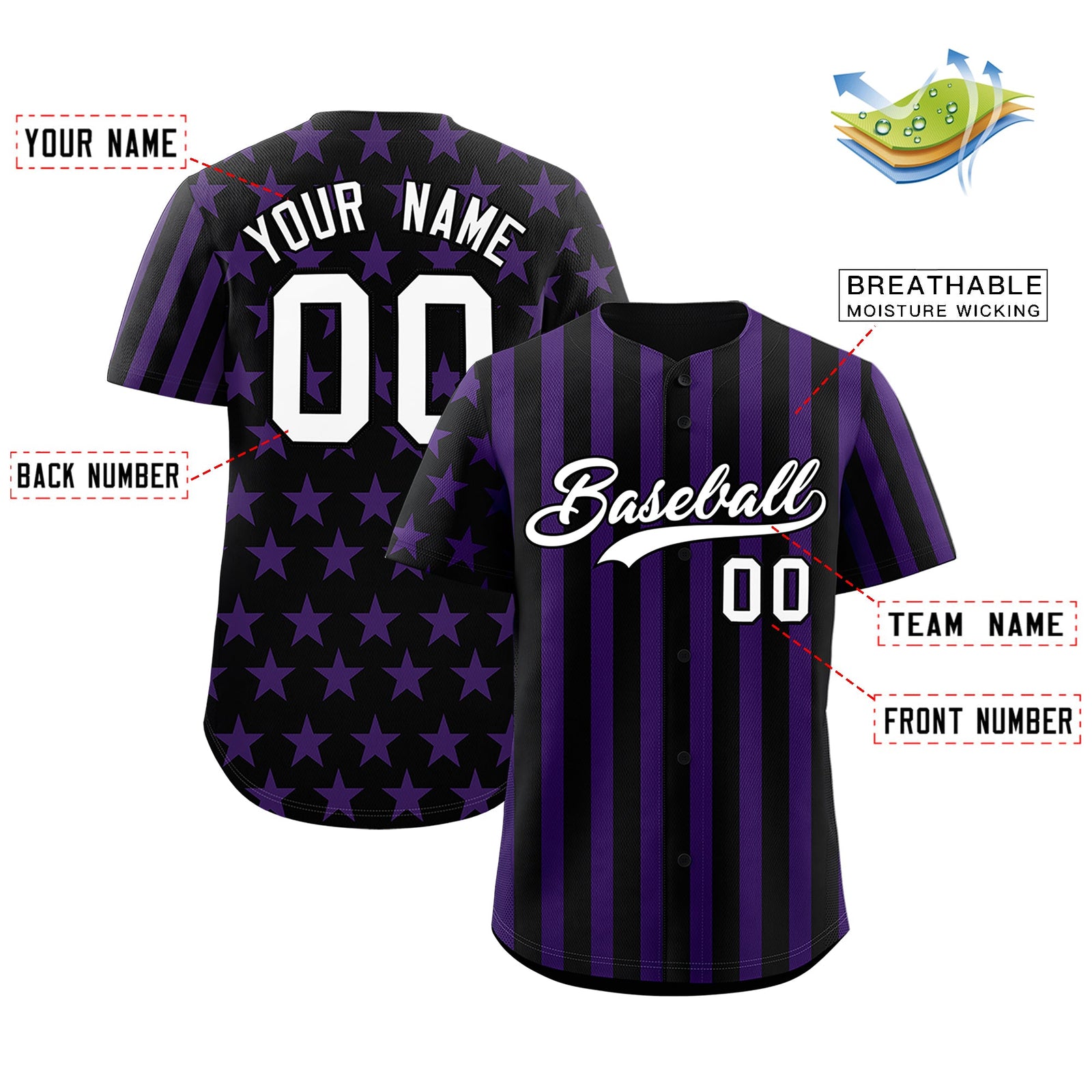 Custom Black Purple American Flag Graffiti Pattern Baseball Jersey| KXKSHOP