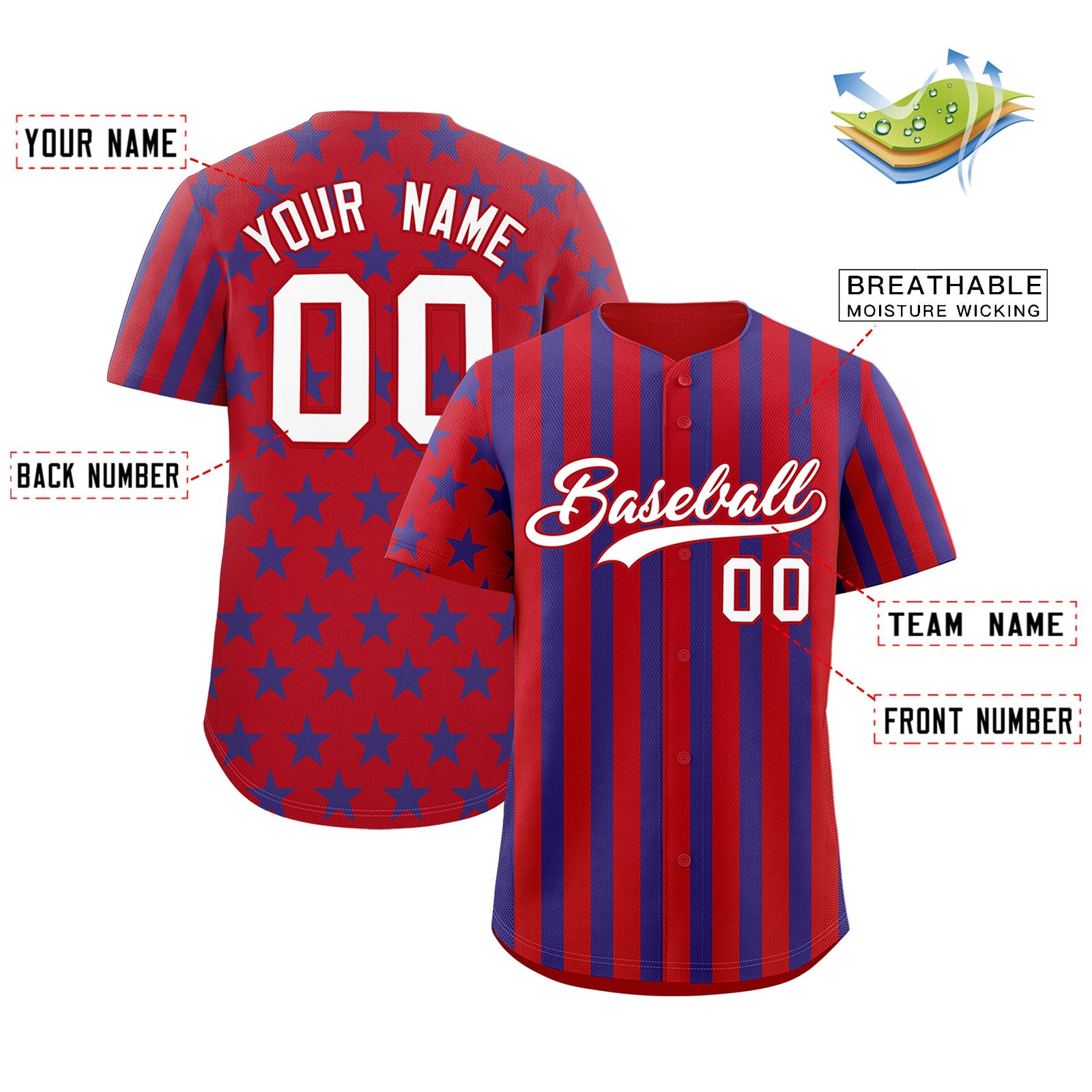 Custom Red Royal Blue American Flag Graffiti Pattern Baseball Jersey| KXKSHOP