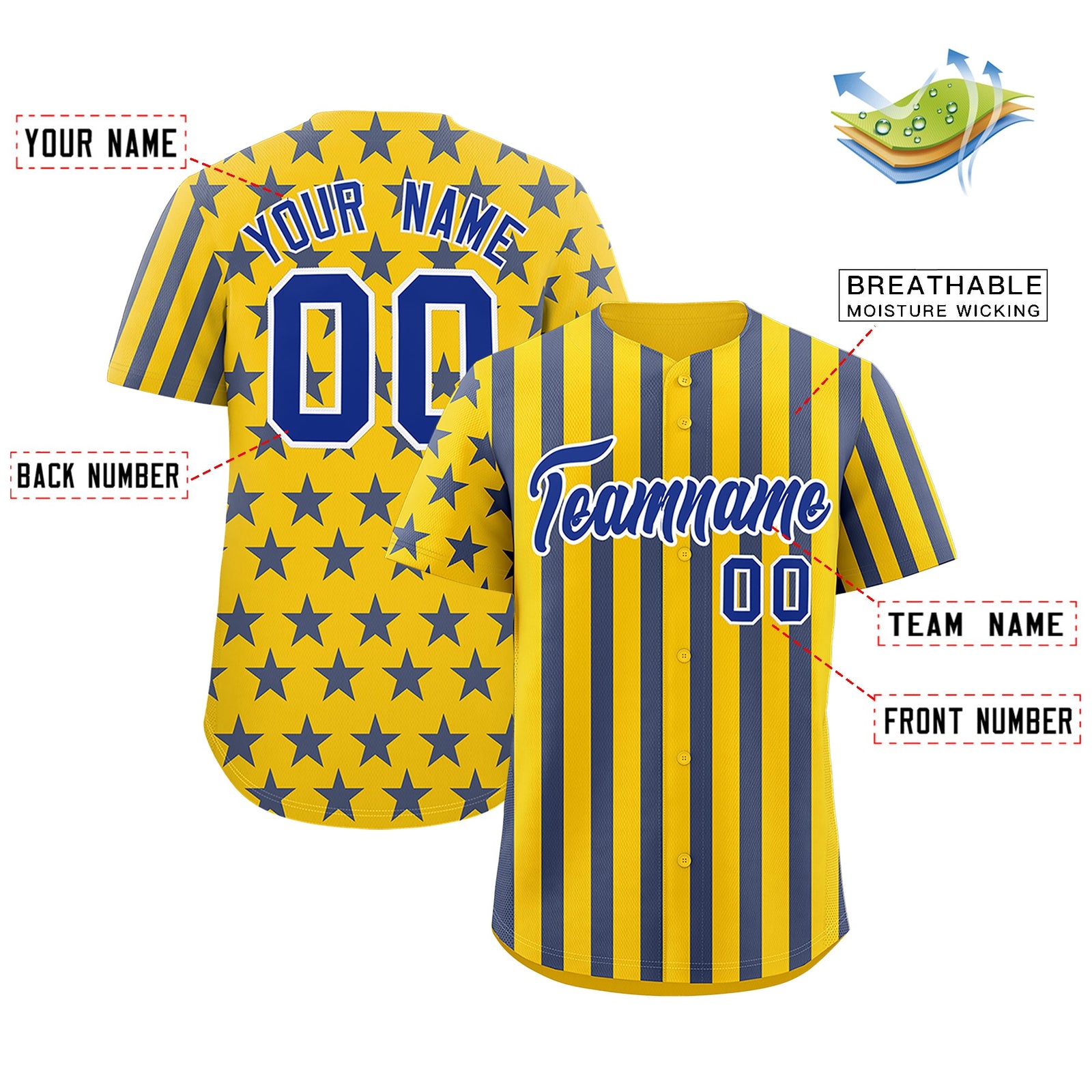 Custom Gold Royal Blue American Flag Graffiti Pattern Baseball Jersey| KXKSHOP