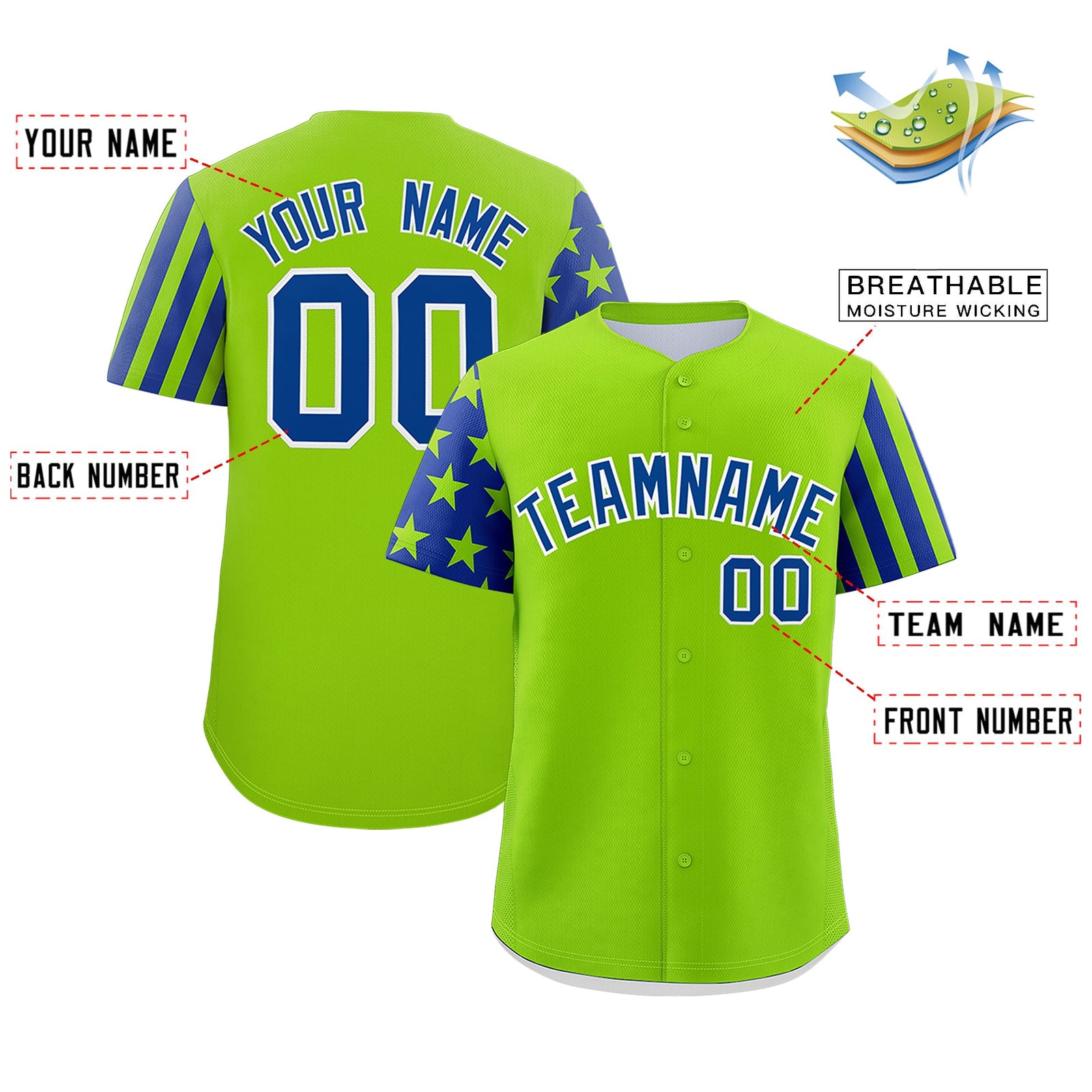 Custom Neon Green Royal Blue American Flag Raglan Sleeves Baseball Jersey| KXKSHOP