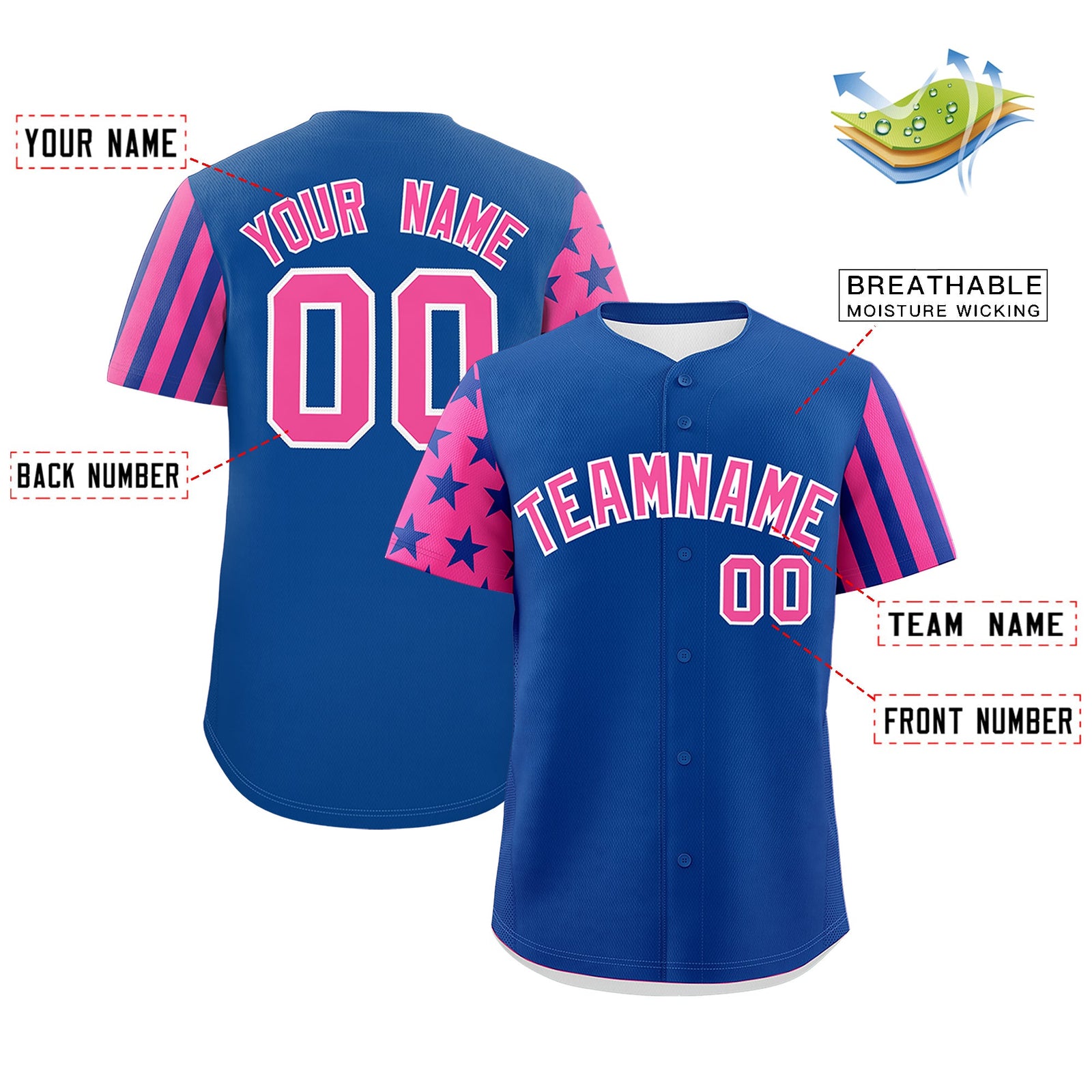 Custom Royal Blue Pink American Flag Raglan Sleeves Baseball Jersey| KXKSHOP