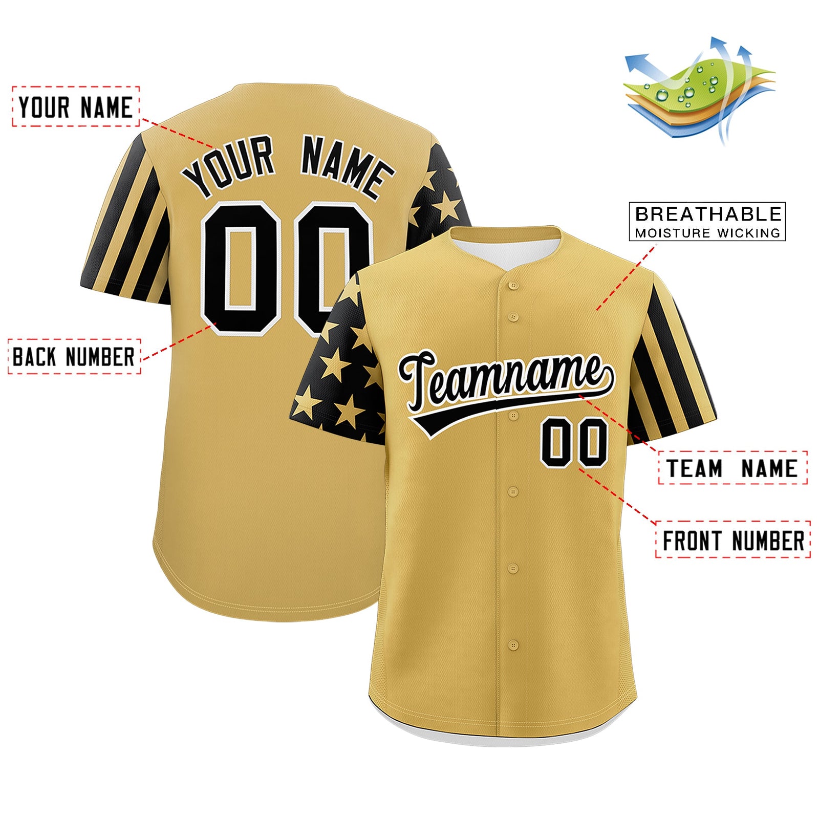 Custom Old Gold Black American Flag Raglan Sleeves Baseball Jersey| KXKSHOP