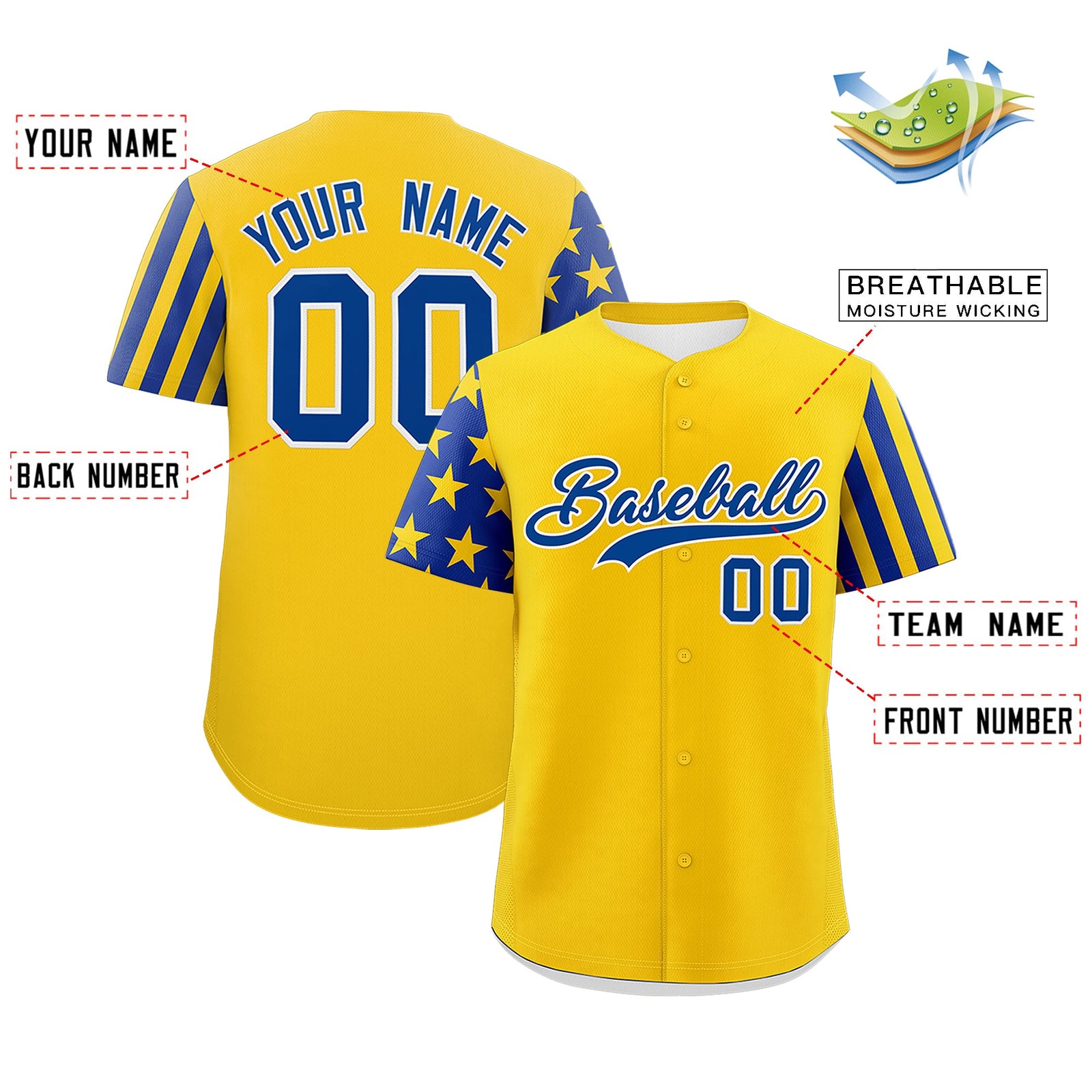 Custom Gold Royal Blue American Flag Raglan Sleeves Baseball Jersey| KXKSHOP