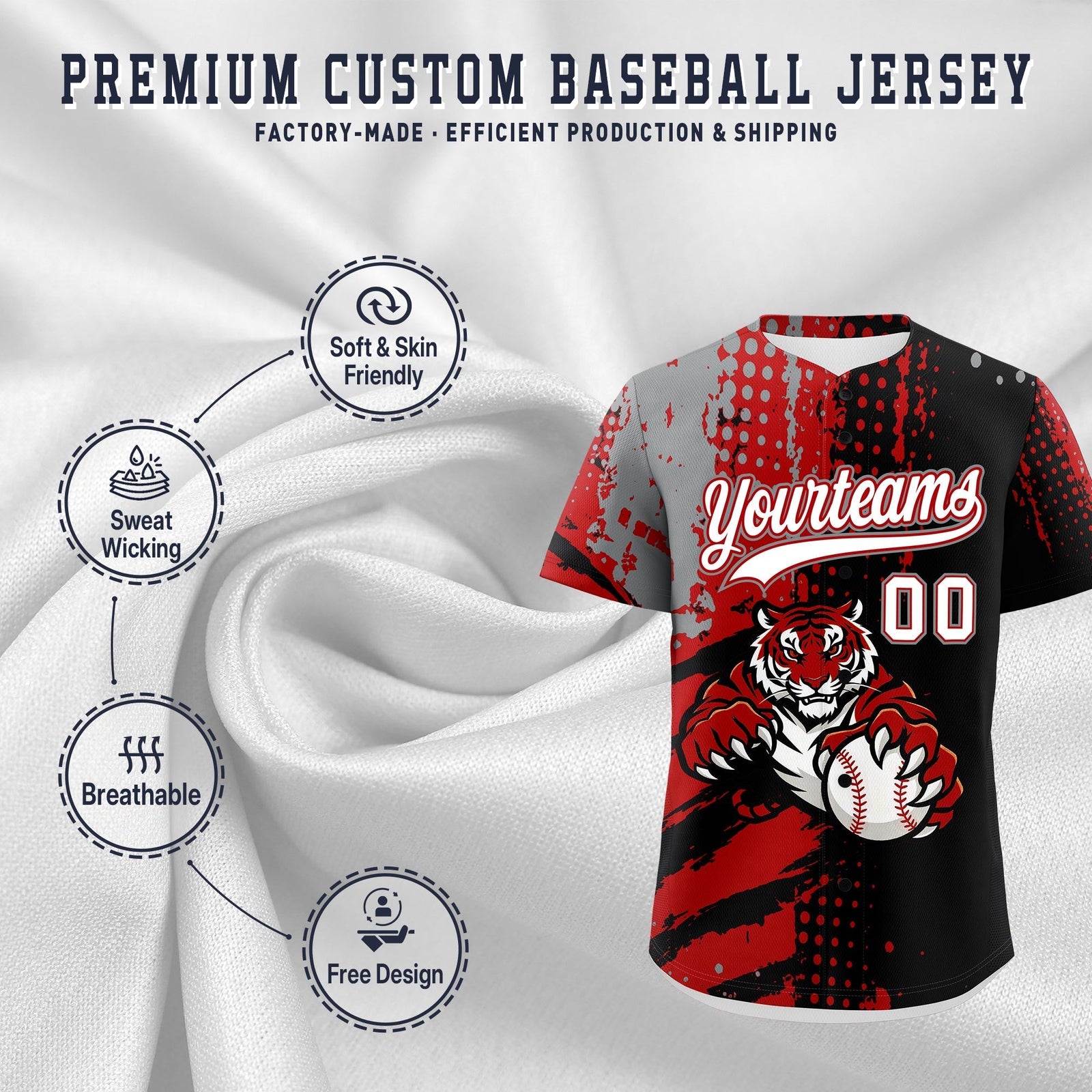 Custom Black Red Gray Full-Snap Graffiti Pattern Tiger Graffiti Jersey Baseball Jersey| KXKSHOP