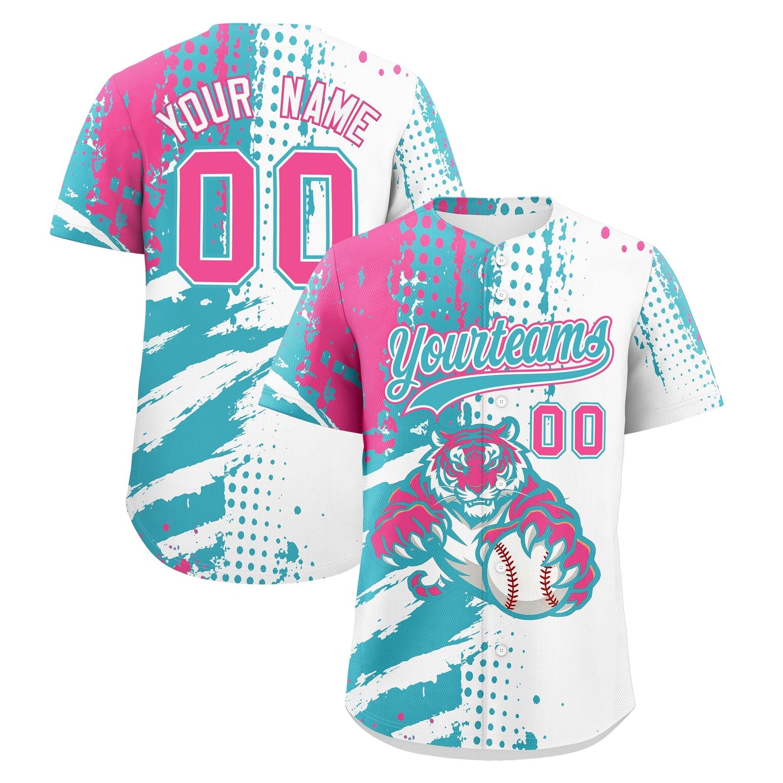 Custom White Aqua Pink Full-Snap Graffiti Pattern Tiger Graffiti Jersey Baseball Jersey| KXKSHOP