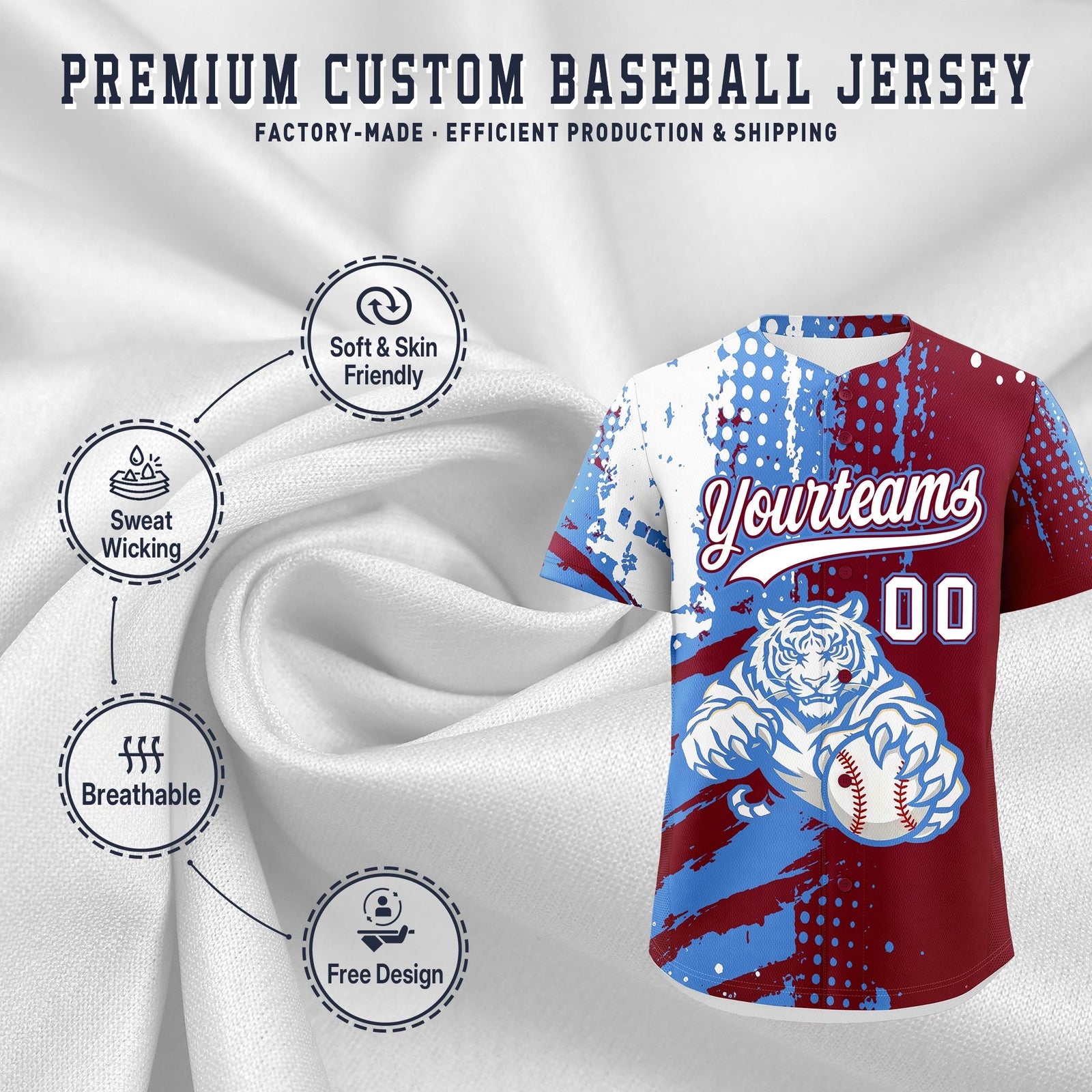 Custom Crimson Powder Blue White Full-Snap Graffiti Pattern Tiger Graffiti Jersey Baseball Jersey| KXKSHOP
