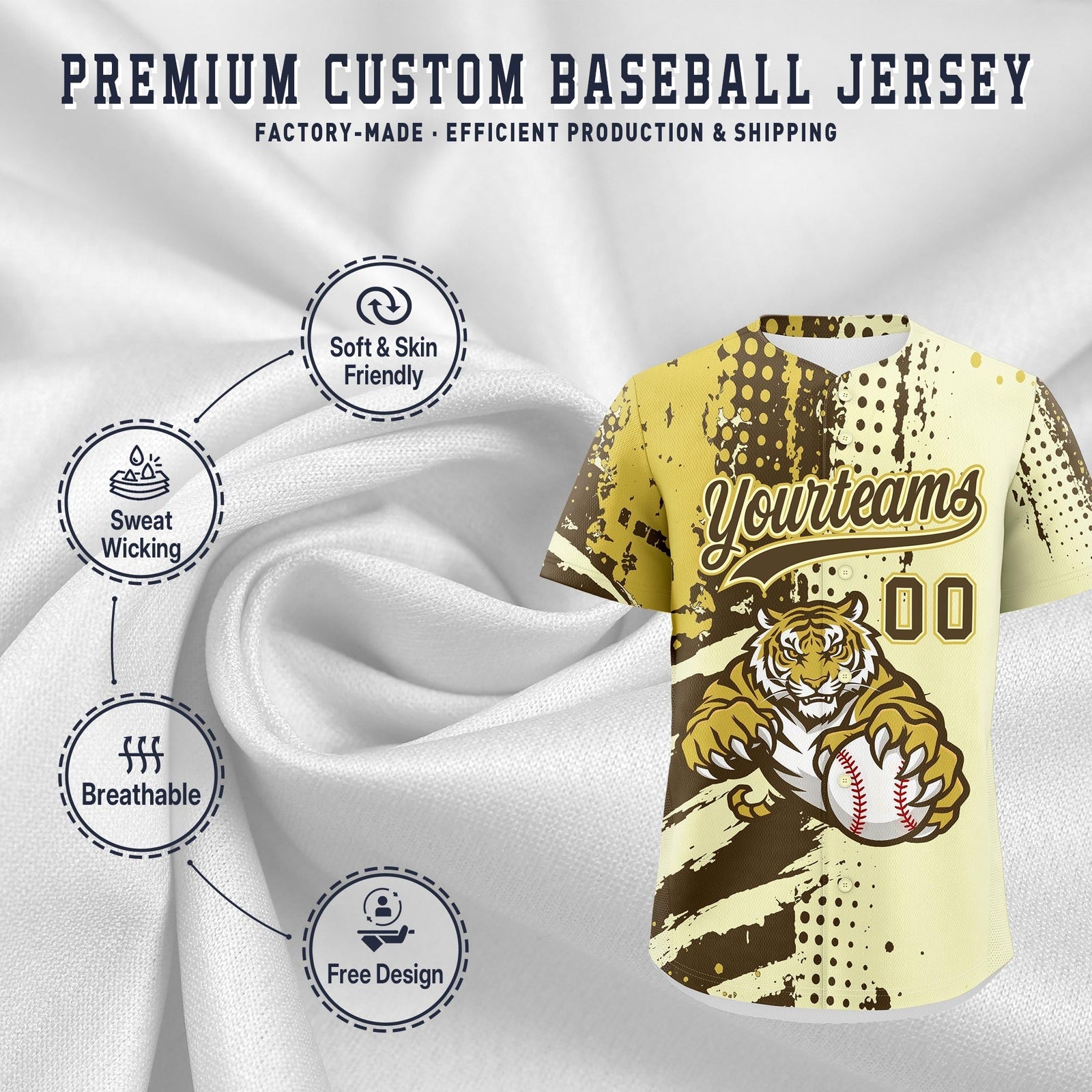 Custom Cream Light Brown Old Gold Full-Snap Graffiti Pattern Tiger Graffiti Jersey Baseball Jersey| KXKSHOP
