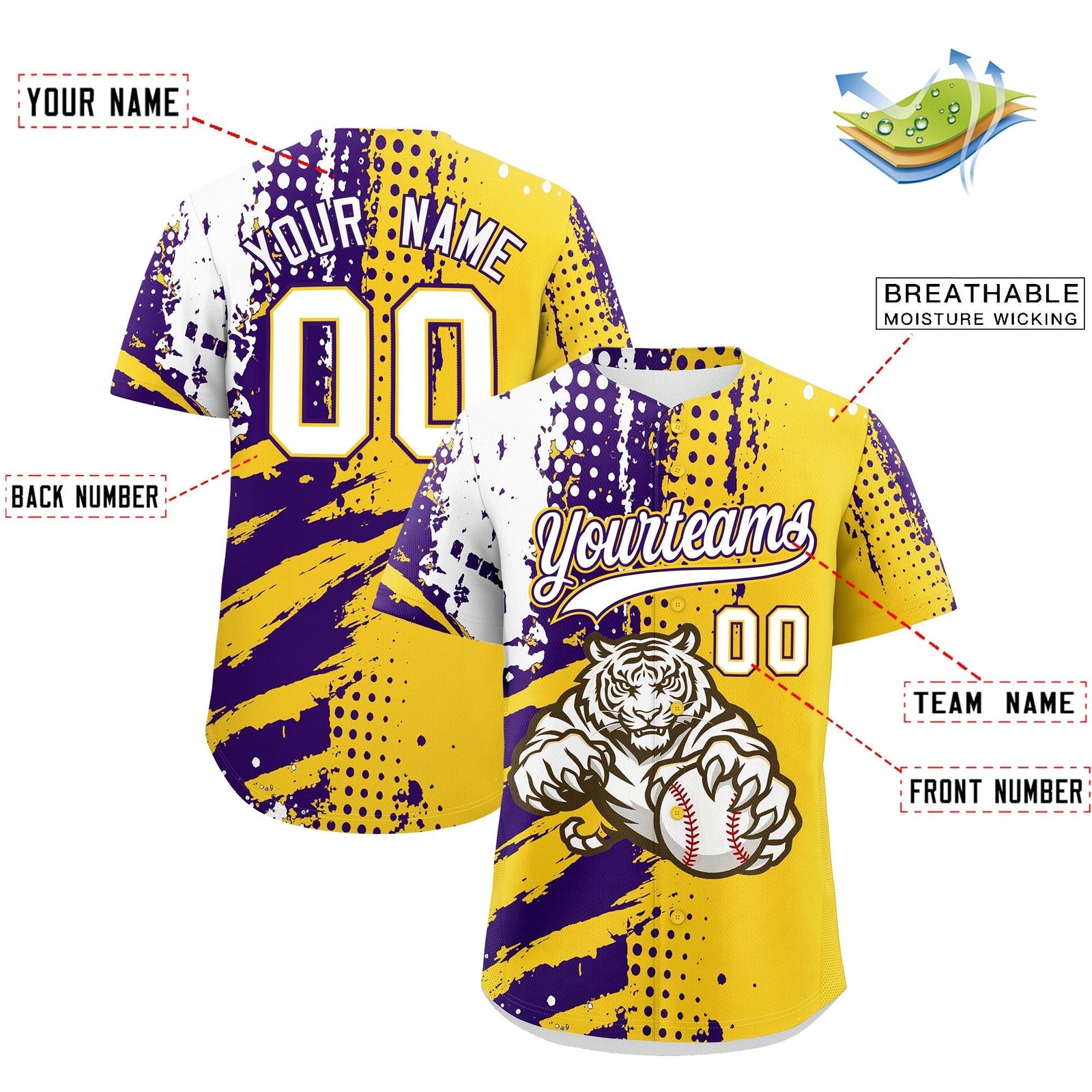 Custom Gold Purple White Full-Snap Graffiti Pattern Tiger Graffiti Jersey Baseball Jersey| KXKSHOP