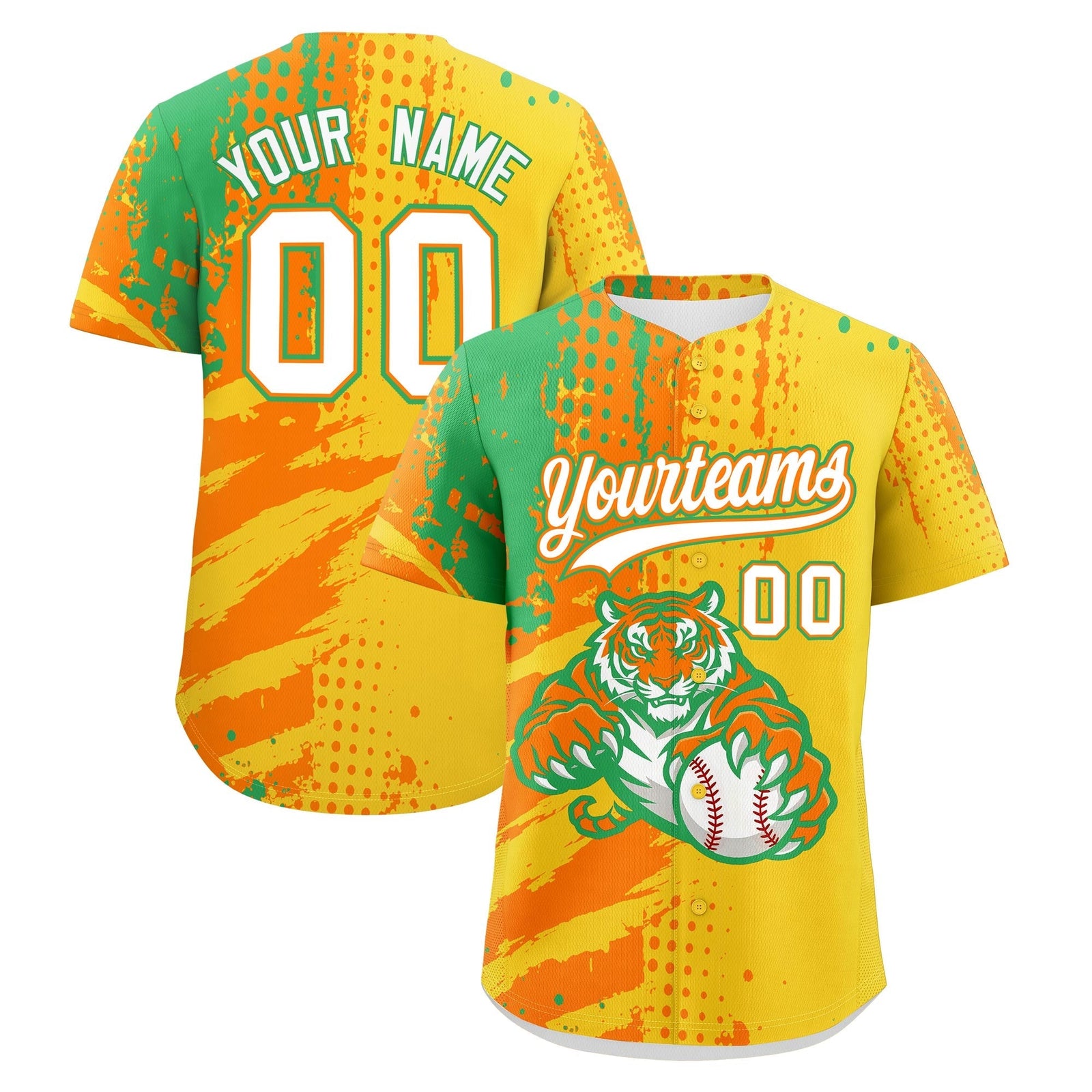Custom Gold Orange Neon Green Full-Snap Graffiti Pattern Tiger Graffiti Jersey Baseball Jersey| KXKSHOP