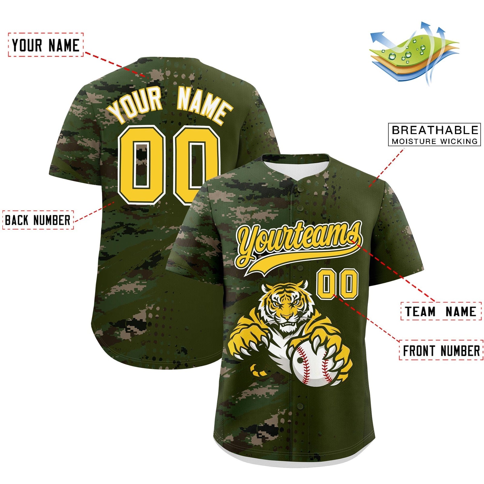 Custom Olive Camo Gold Full-Snap Graffiti Pattern Tiger Graffiti Jersey Baseball Jersey| KXKSHOP