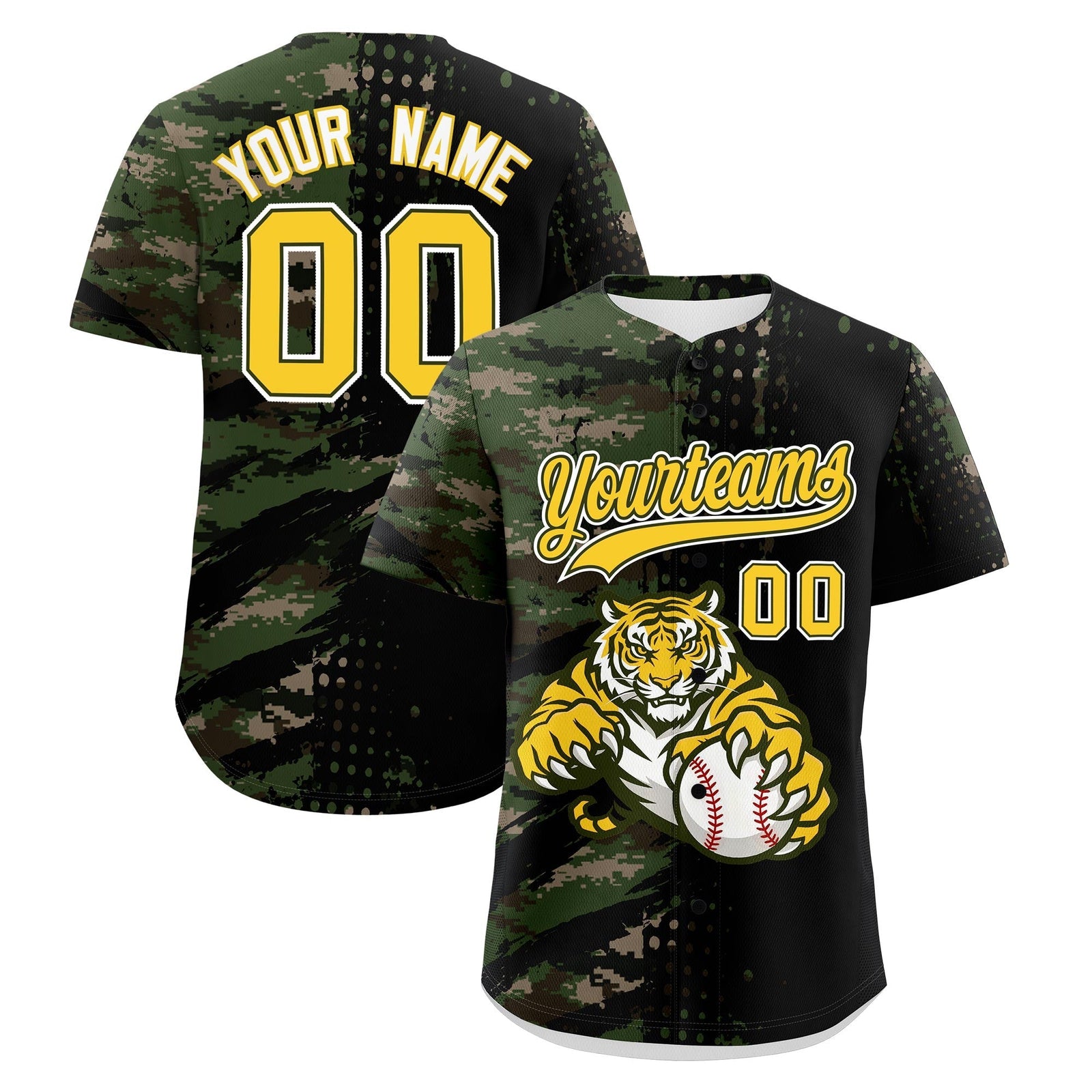 Custom Camo Black Gold Full-Snap Graffiti Pattern Tiger Graffiti Jersey Baseball Jersey| KXKSHOP