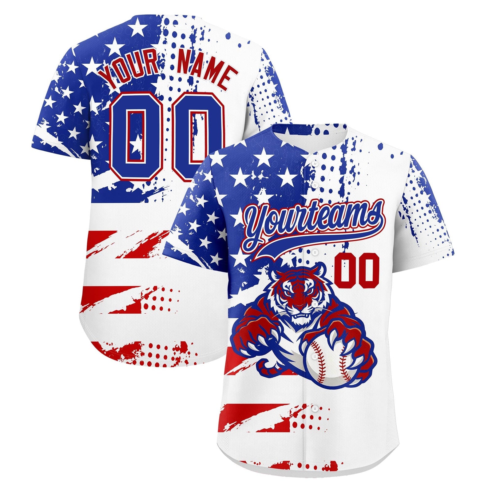 Custom Royal Blue White Red Full-Snap Graffiti Pattern Tiger Graffiti Jersey Baseball Jersey| KXKSHOP