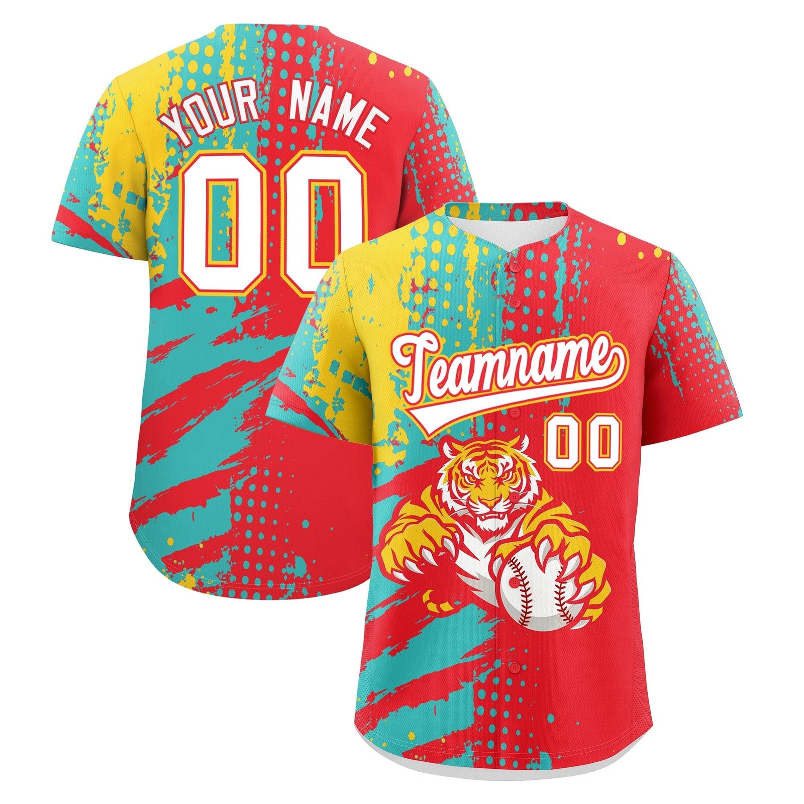 Custom Light Red Teal Gold Full-Snap Graffiti Pattern Tiger Graffiti Jersey Baseball Jersey| KXKSHOP