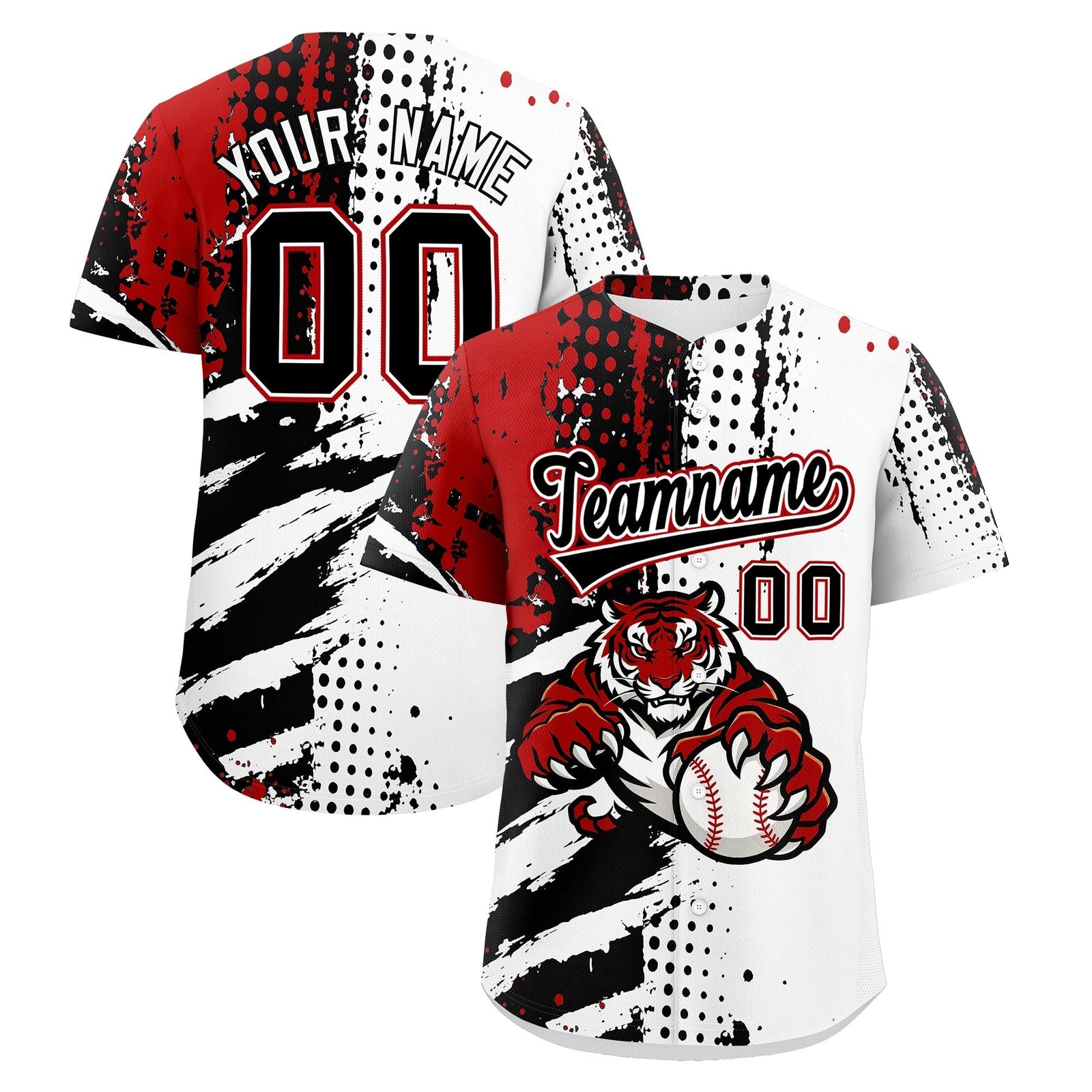 Custom White Black Red Full-Snap Graffiti Pattern Tiger Graffiti Jersey Baseball Jersey| KXKSHOP