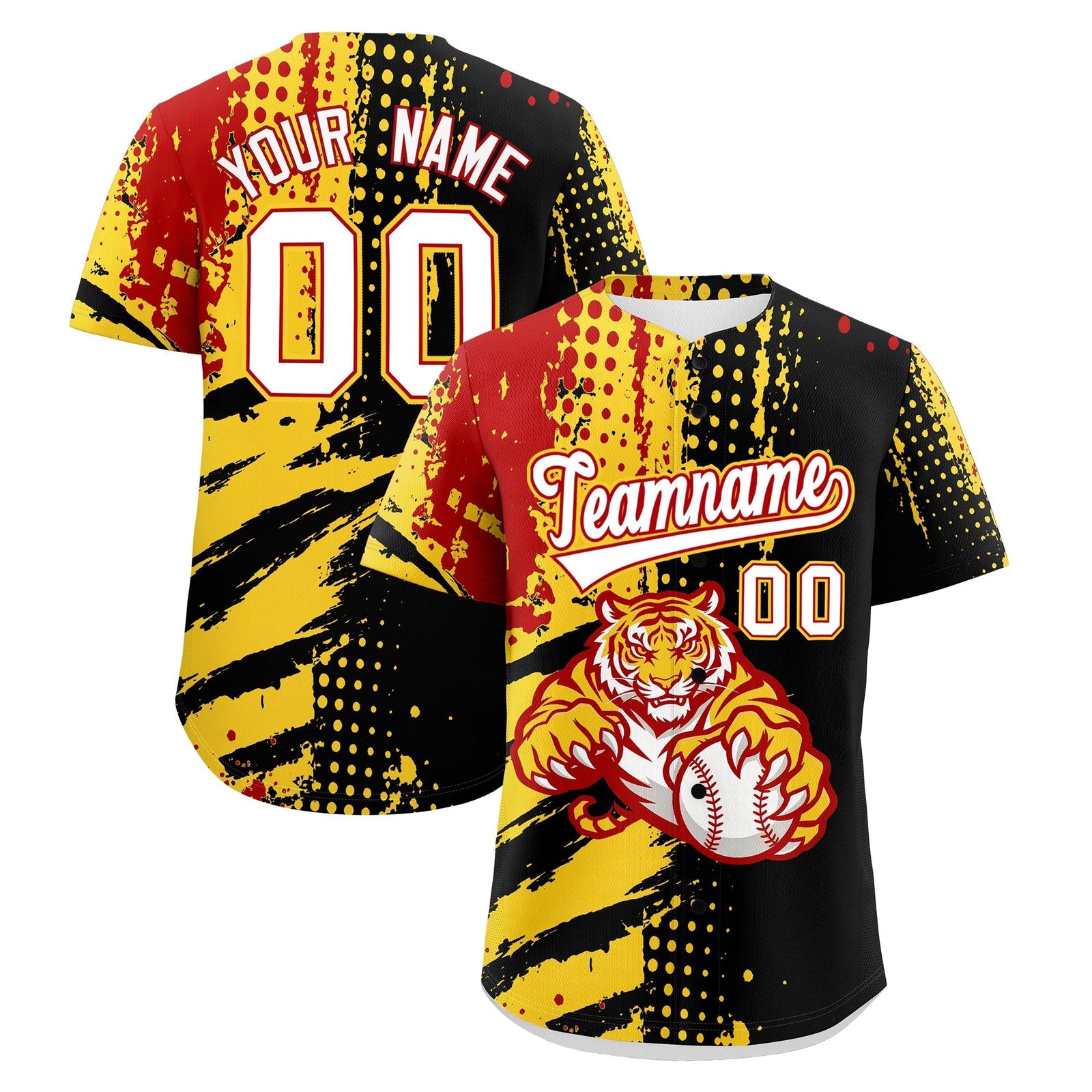 Custom Black Red Gold Full-Snap Graffiti Pattern Tiger Graffiti Jersey Baseball Jersey| KXKSHOP