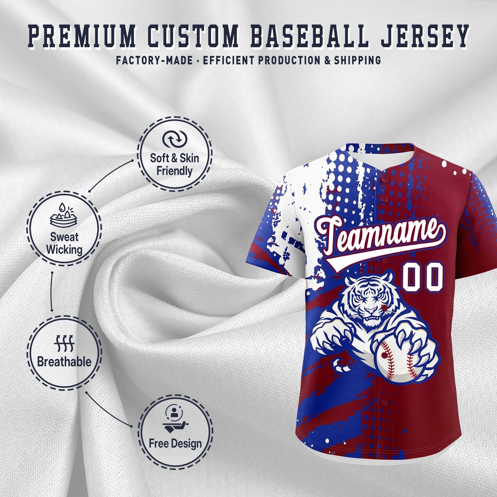 Custom Crimson Royal Blue White Full-Snap Graffiti Pattern Tiger Graffiti Jersey Baseball Jersey| KXKSHOP