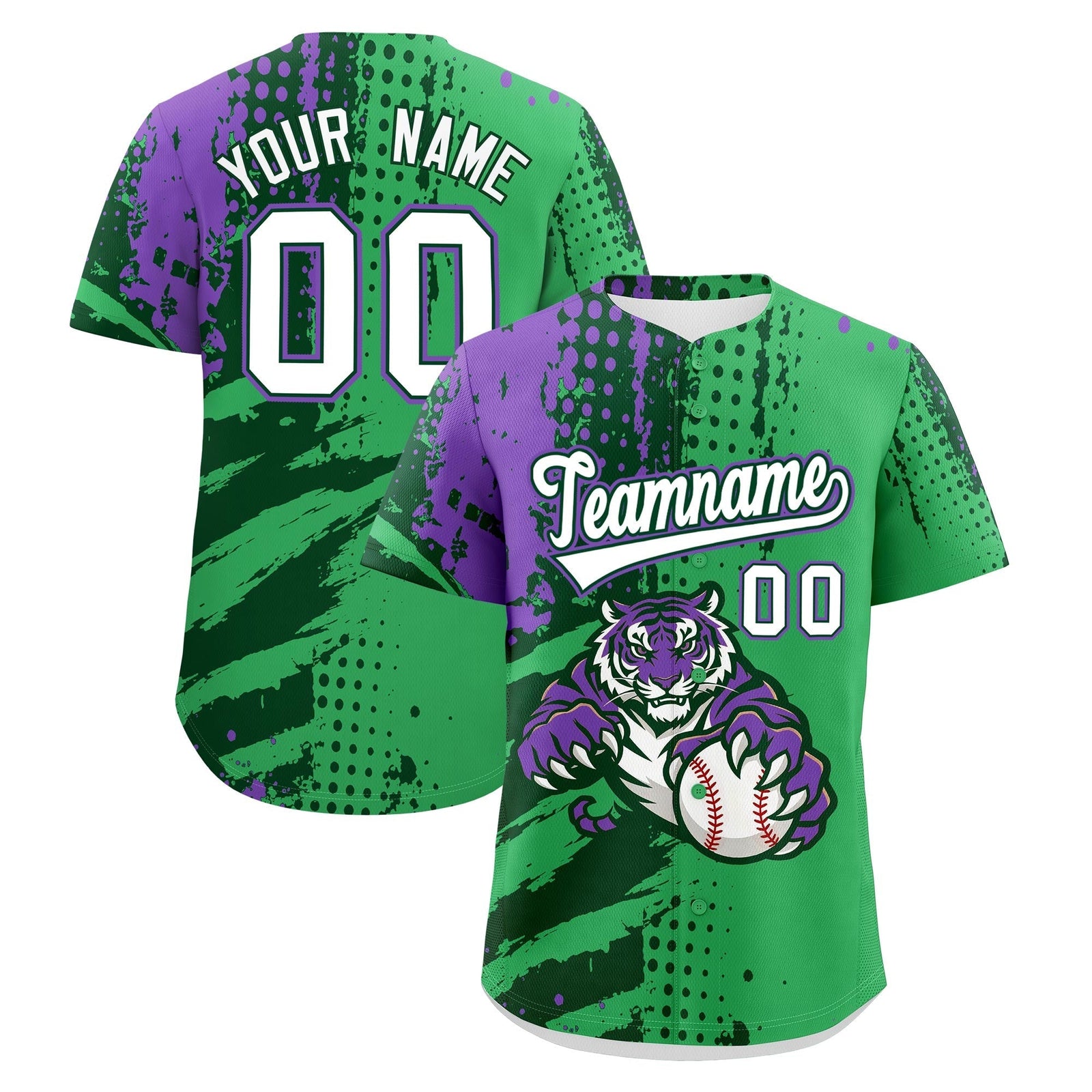 Custom Neon Green Dark Green White Full-Snap Graffiti Pattern Tiger Graffiti Jersey Baseball Jersey| KXKSHOP