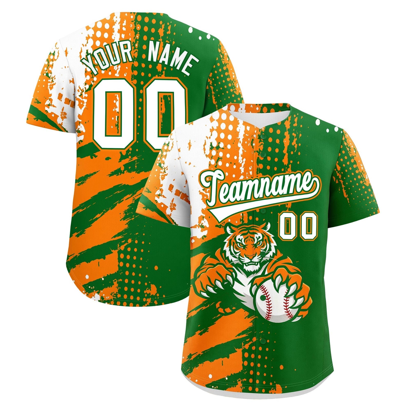 Custom Kelly Green Orange White Full-Snap Graffiti Pattern Tiger Graffiti Jersey Baseball Jersey| KXKSHOP