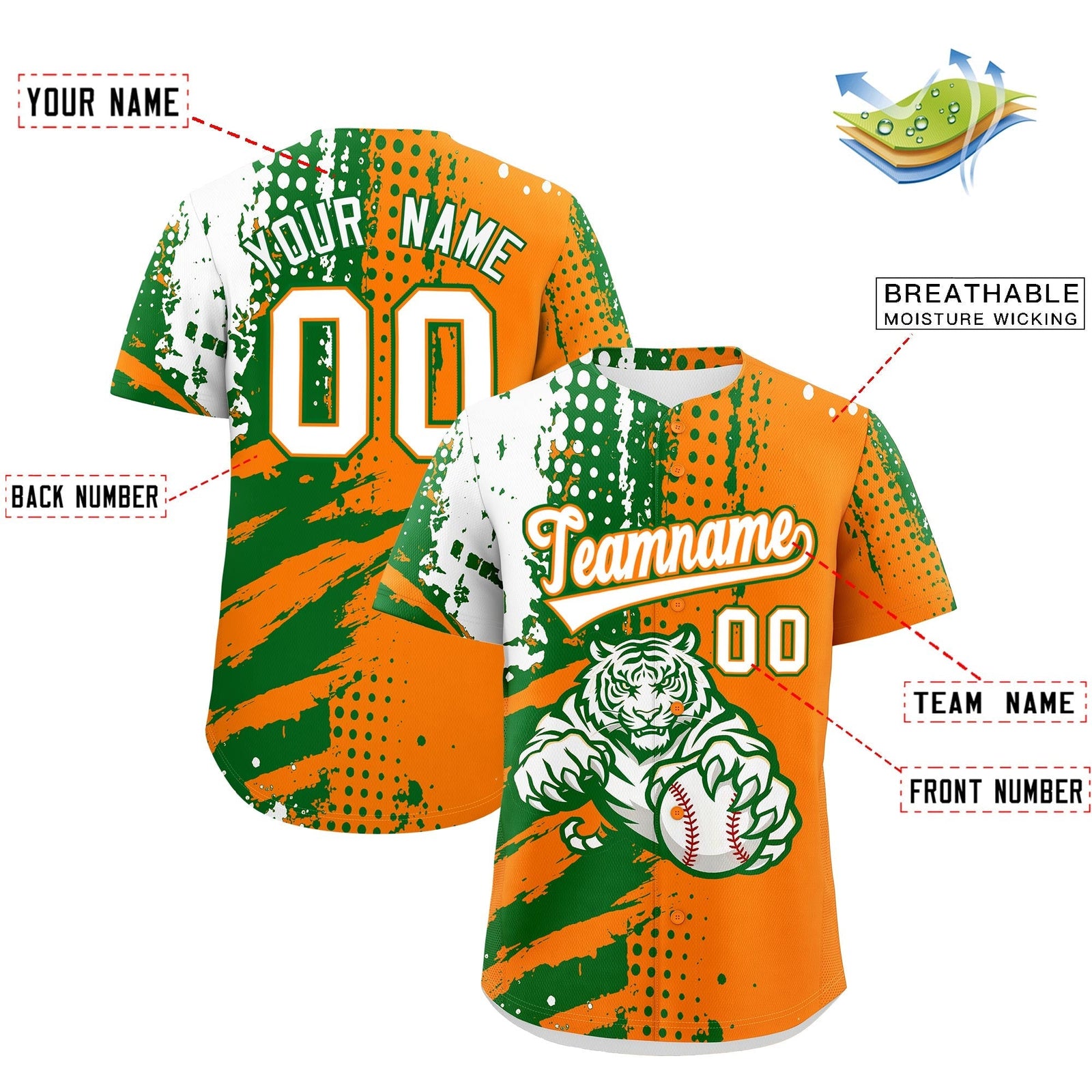 Custom Orange Kelly Green White Full-Snap Graffiti Pattern Tiger Graffiti Jersey Baseball Jersey| KXKSHOP
