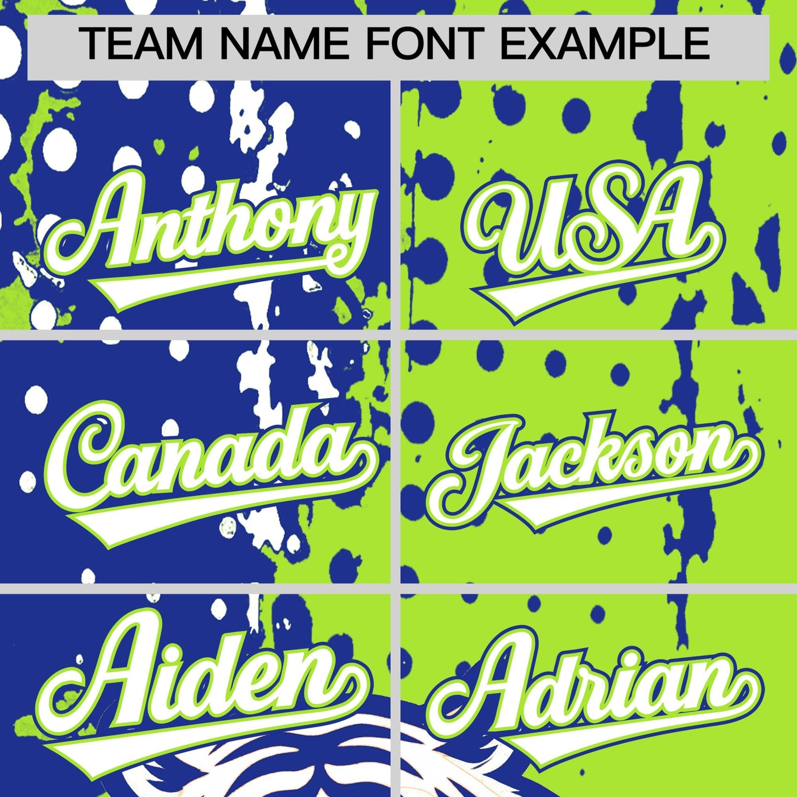 Custom Royal Blue Neon Green White Full-Snap Graffiti Pattern Tiger Graffiti Jersey Baseball Jersey| KXKSHOP