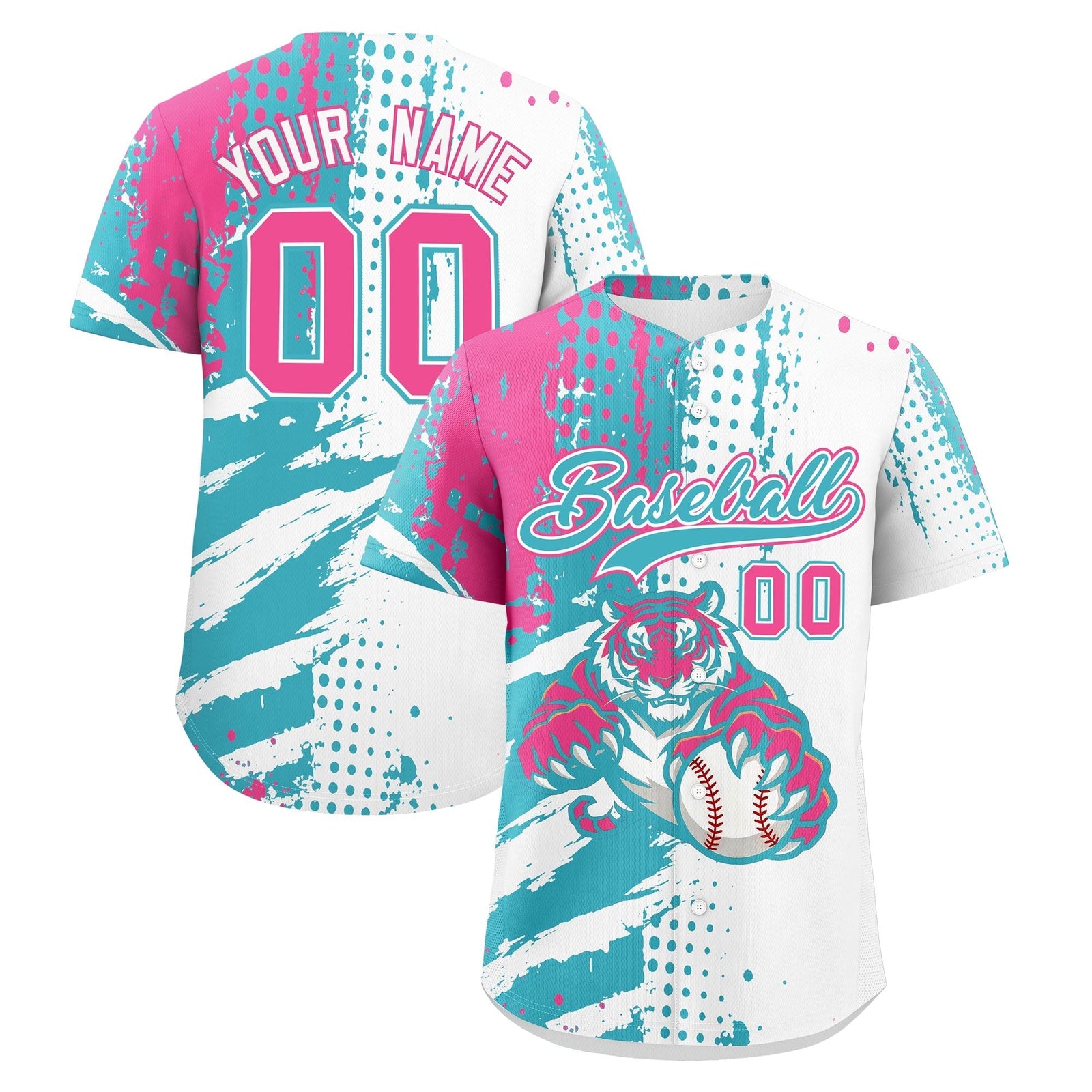 Custom White Aqua Pink Full-Snap Graffiti Pattern Tiger Graffiti Jersey Baseball Jersey| KXKSHOP