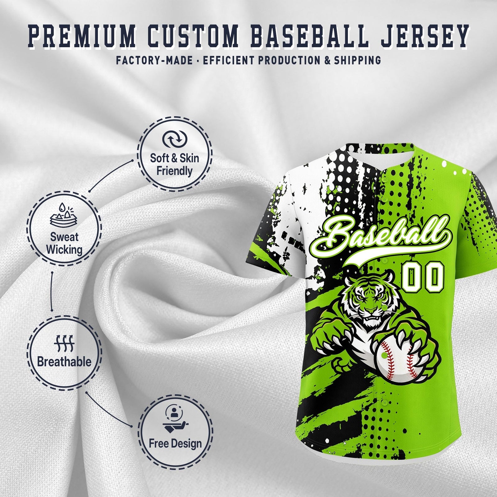 Custom Neon Green Black White Full-Snap Graffiti Pattern Tiger Graffiti Jersey Baseball Jersey| KXKSHOP