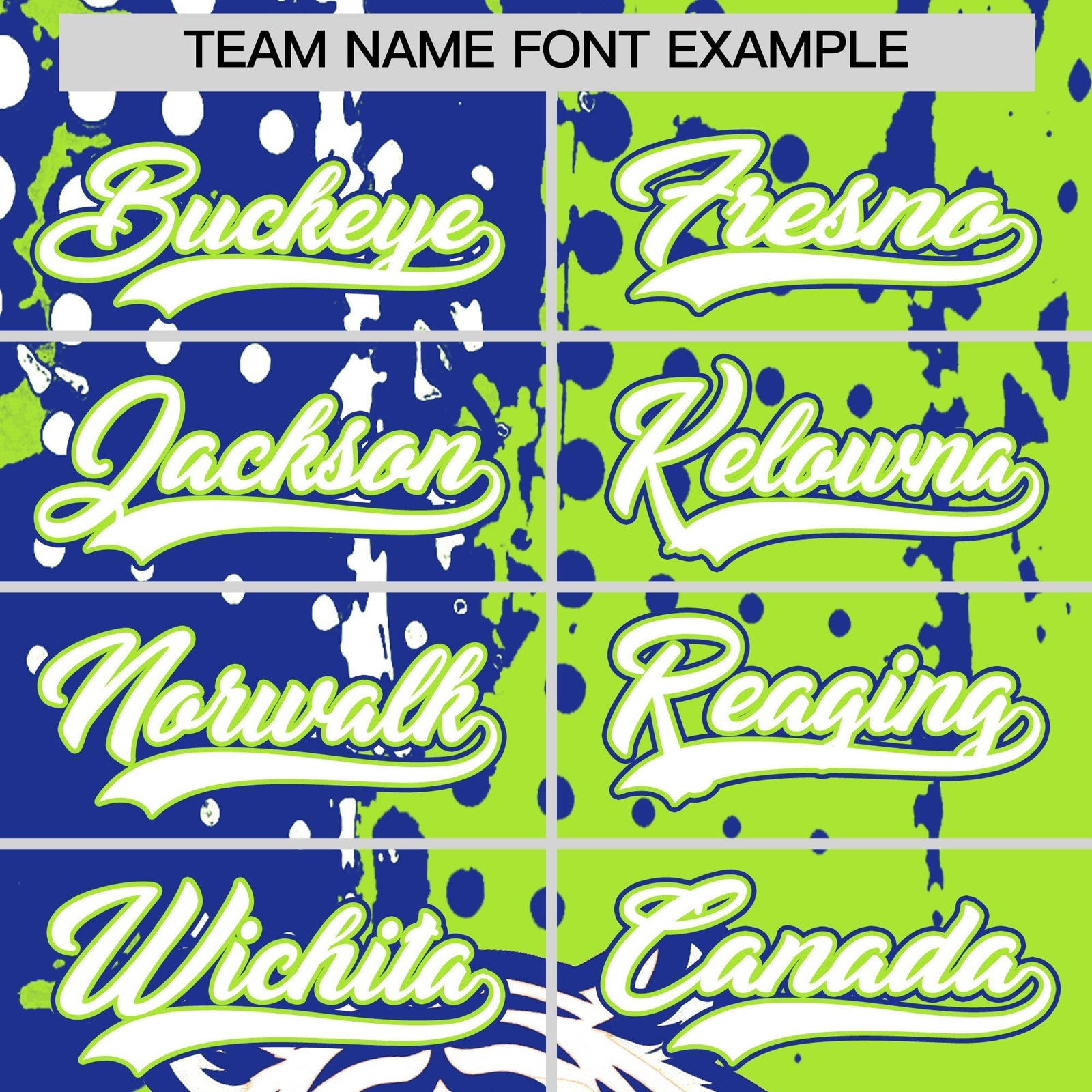 Custom Royal Blue Neon Green White Full-Snap Graffiti Pattern Tiger Graffiti Jersey Baseball Jersey| KXKSHOP