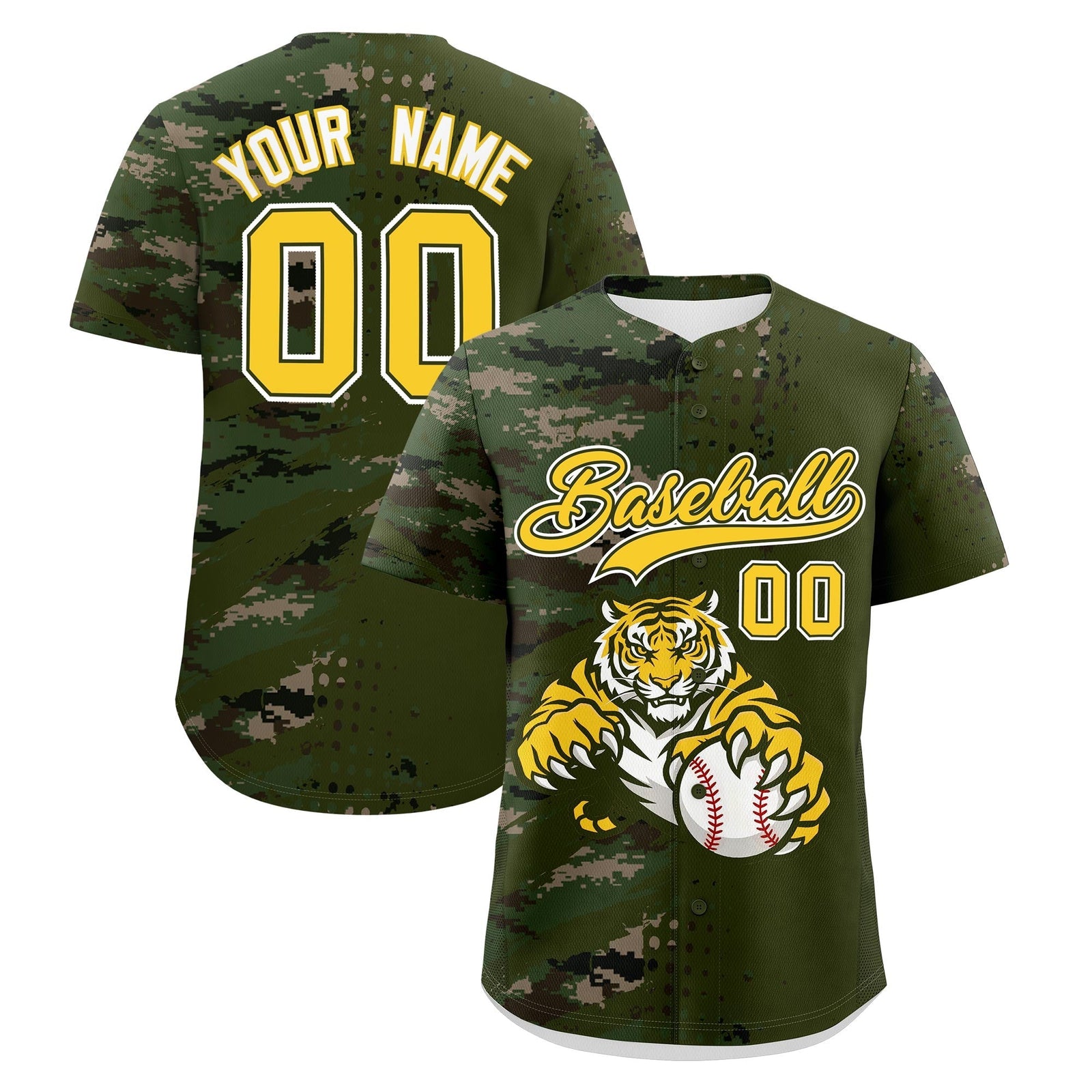 Custom Olive Camo Gold Full-Snap Graffiti Pattern Tiger Graffiti Jersey Baseball Jersey| KXKSHOP