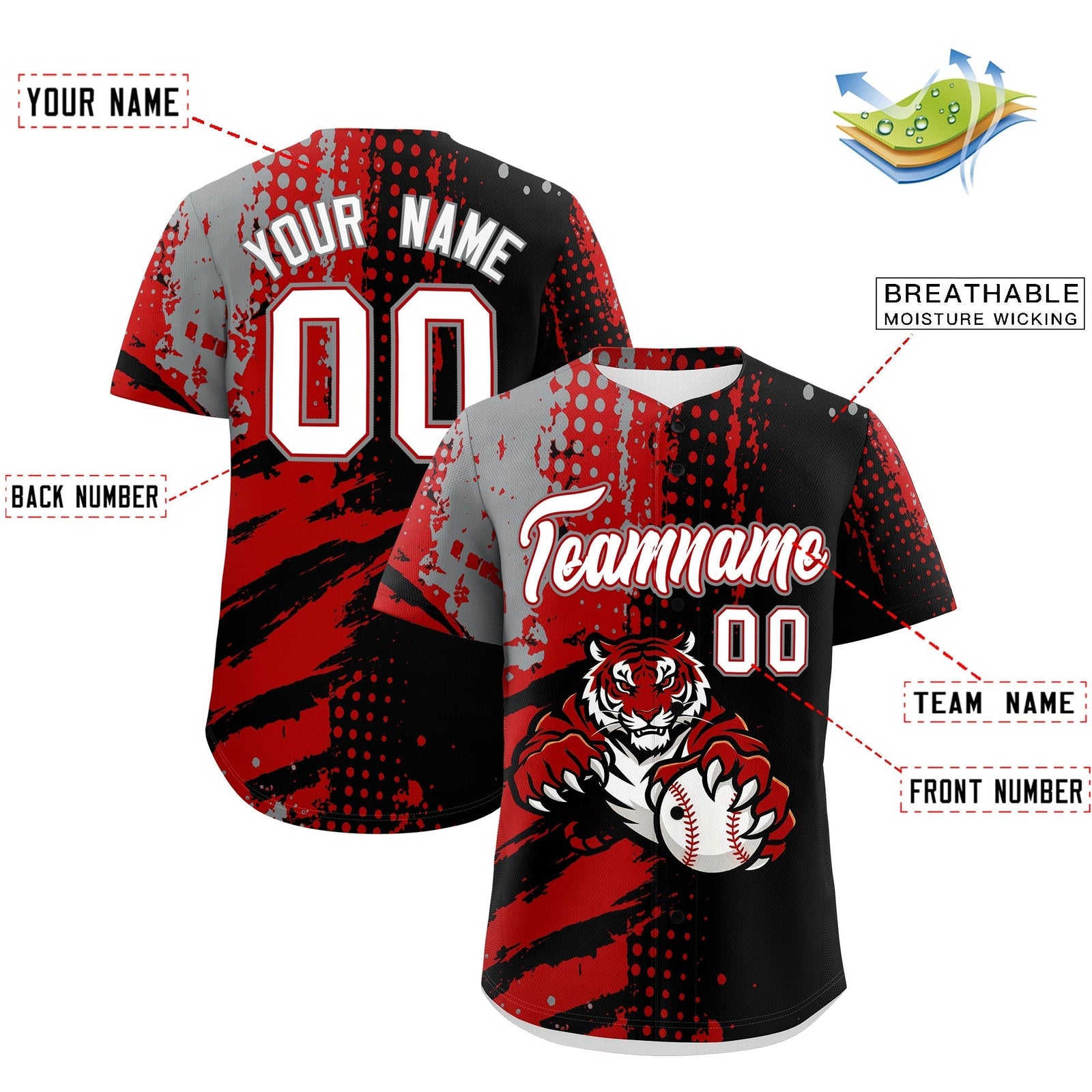 Custom Black Red Gray Full-Snap Graffiti Pattern Tiger Graffiti Jersey Baseball Jersey| KXKSHOP