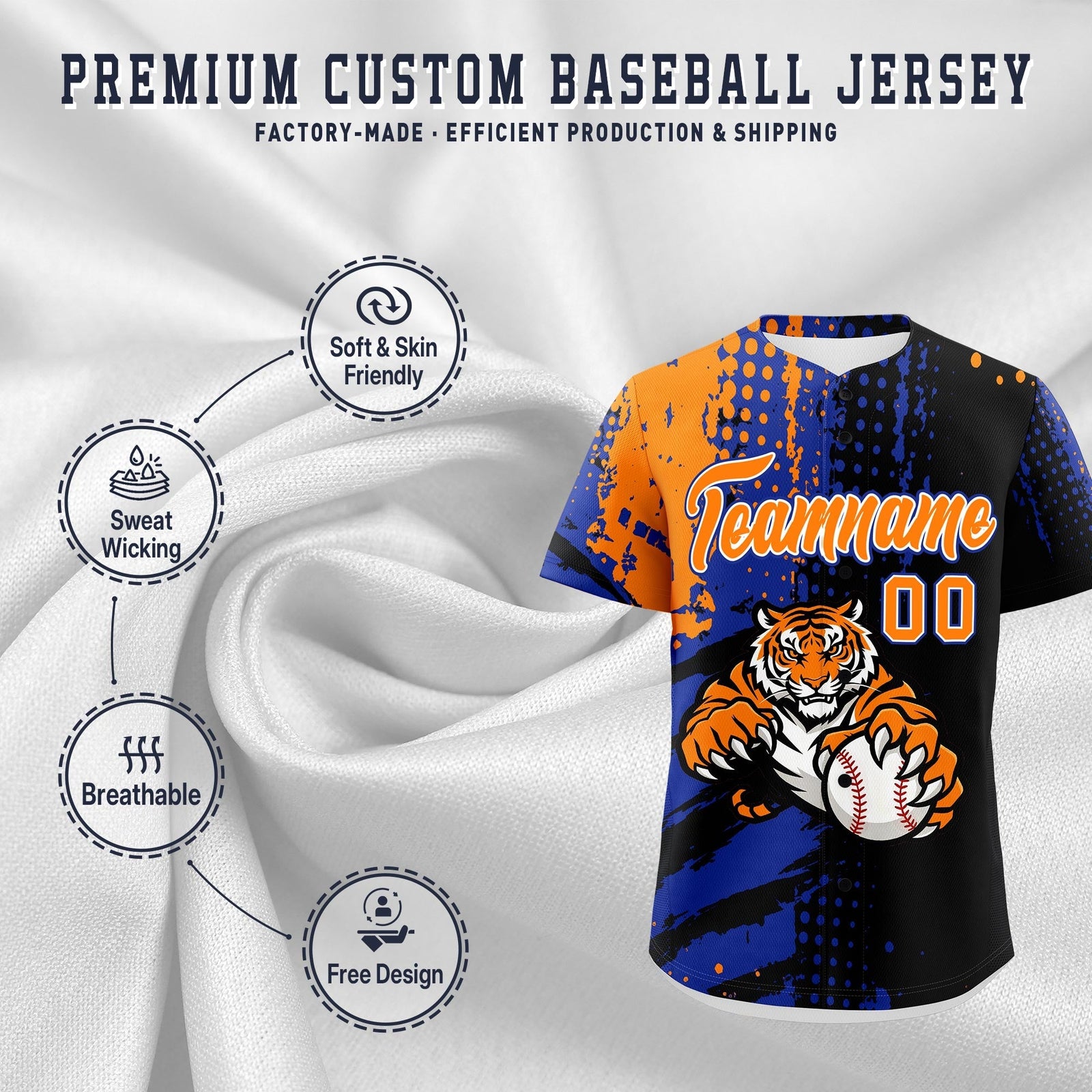 Custom Black Royal Blue Orange Full-Snap Graffiti Pattern Tiger Graffiti Jersey Baseball Jersey| KXKSHOP