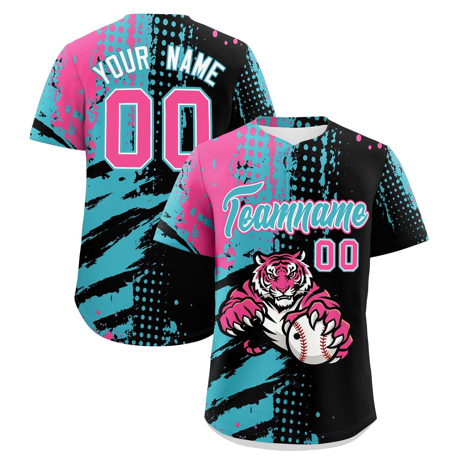 Custom Black Aqua Pink Full-Snap Graffiti Pattern Tiger Graffiti Jersey Baseball Jersey| KXKSHOP