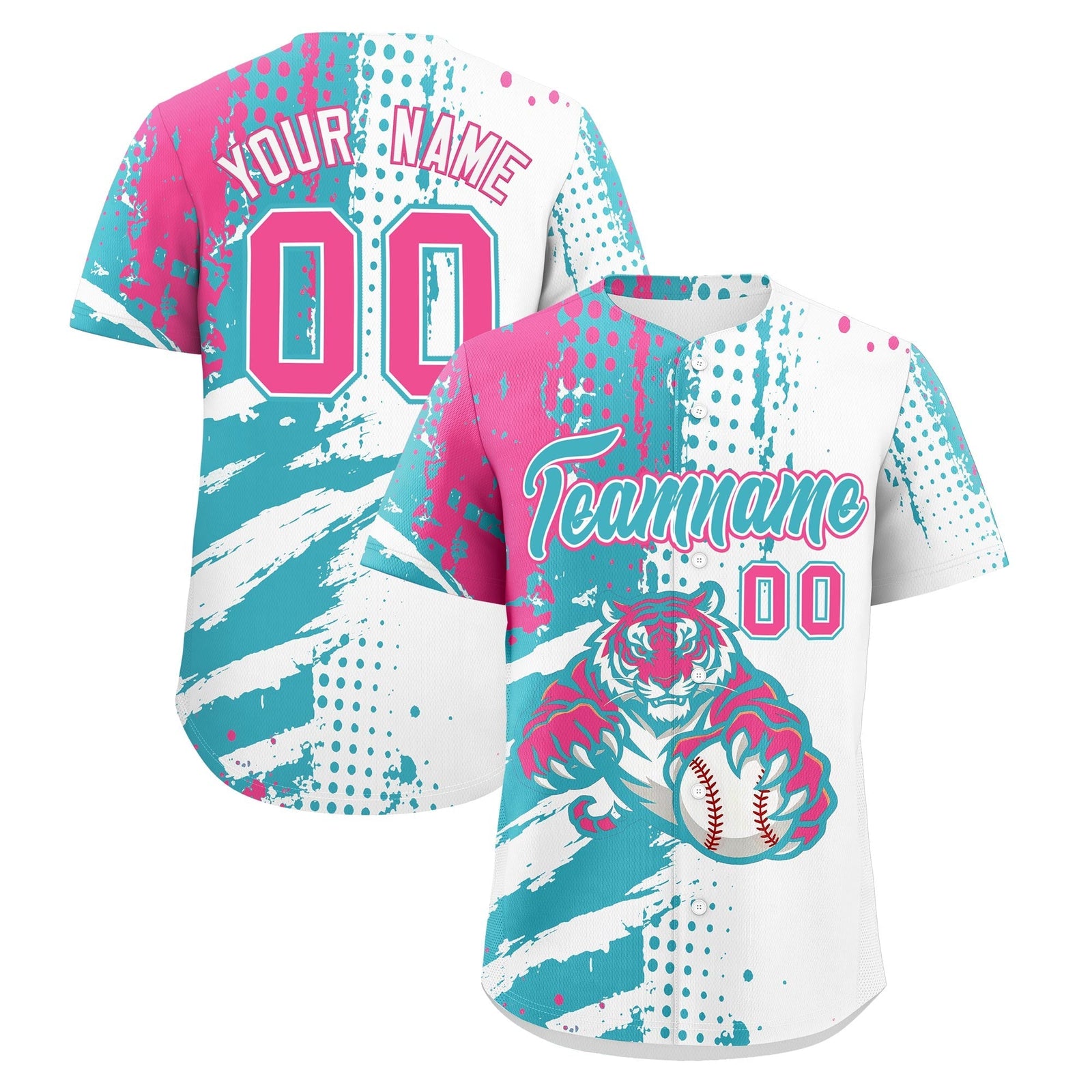 Custom White Aqua Pink Full-Snap Graffiti Pattern Tiger Graffiti Jersey Baseball Jersey| KXKSHOP