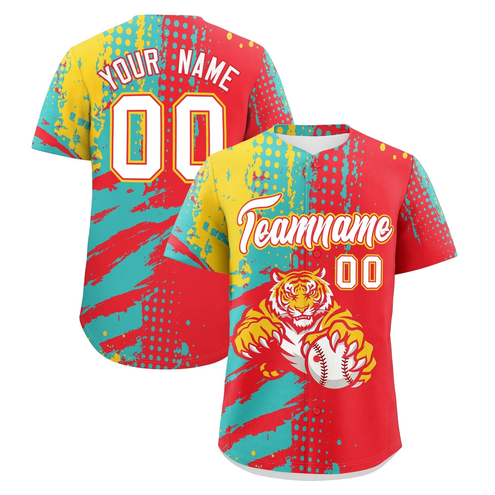 Custom Light Red Teal Gold Full-Snap Graffiti Pattern Tiger Graffiti Jersey Baseball Jersey| KXKSHOP