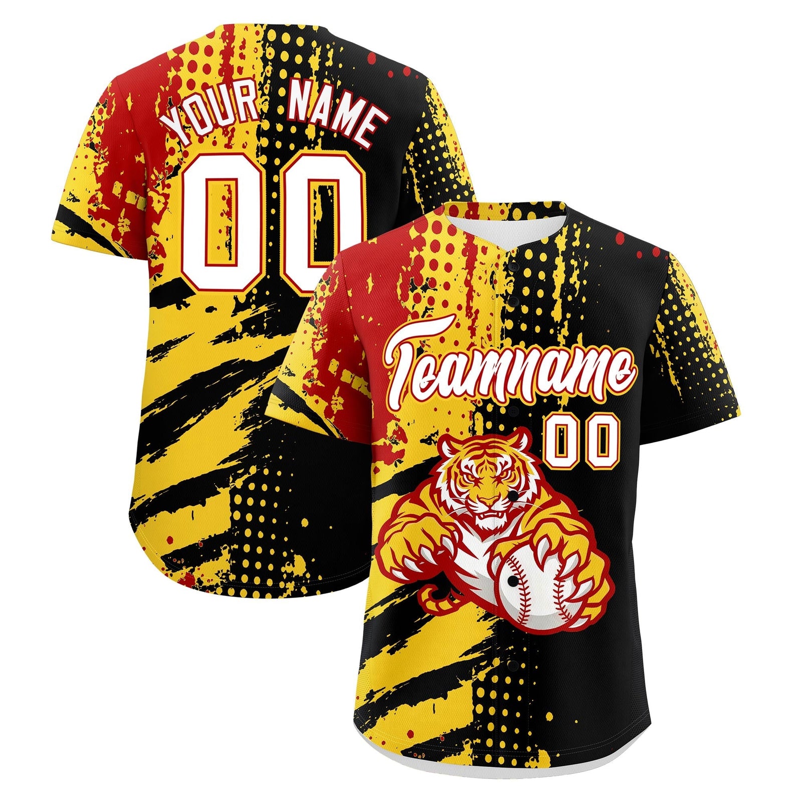 Custom Black Red Gold Full-Snap Graffiti Pattern Tiger Graffiti Jersey Baseball Jersey| KXKSHOP