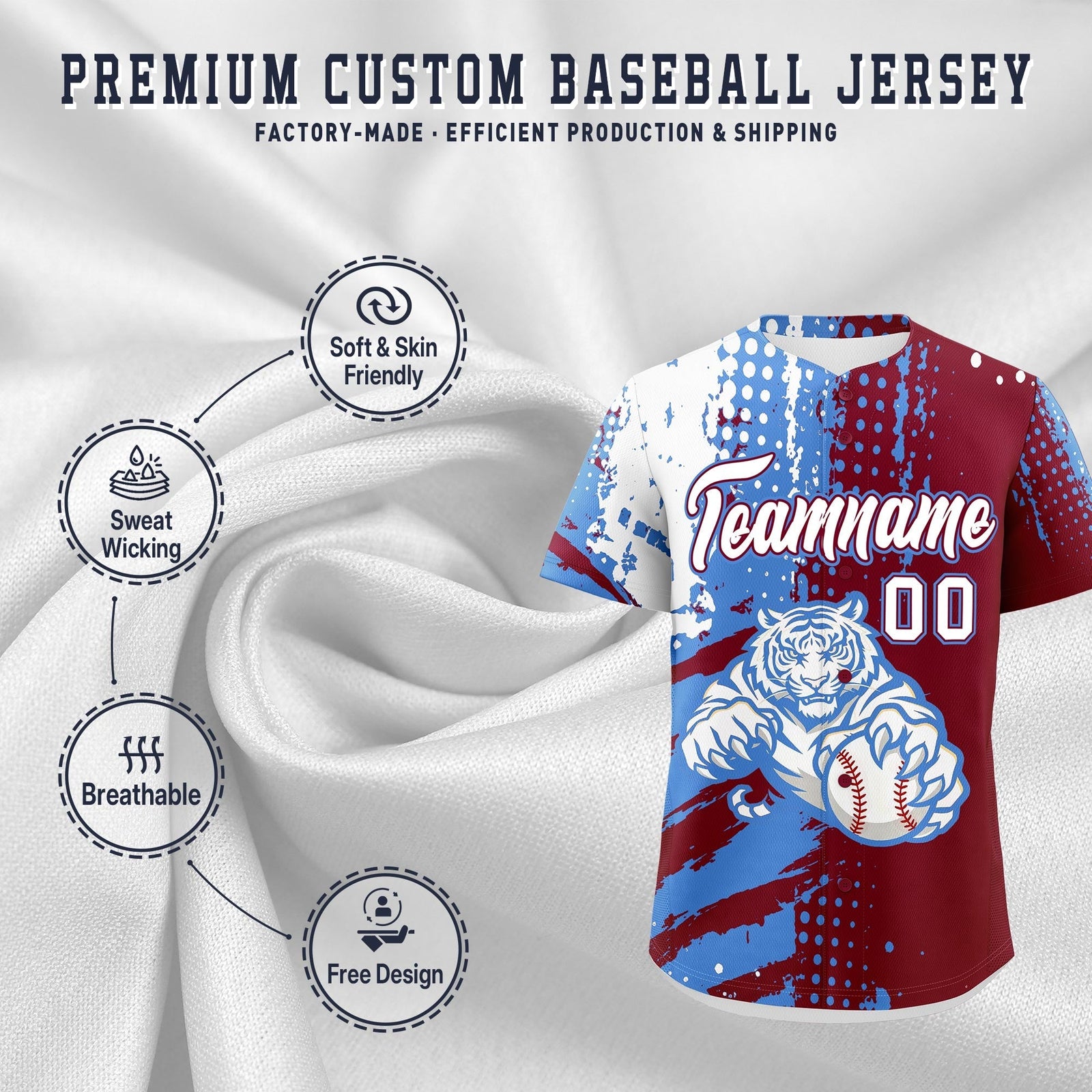 Custom Crimson Powder Blue White Full-Snap Graffiti Pattern Tiger Graffiti Jersey Baseball Jersey| KXKSHOP