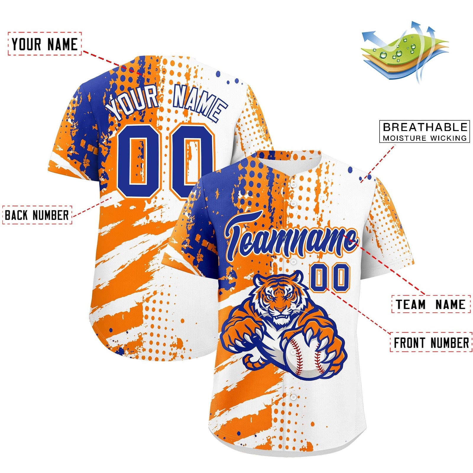 Custom White Orange Royal Blue Full-Snap Graffiti Pattern Tiger Graffiti Jersey Baseball Jersey| KXKSHOP