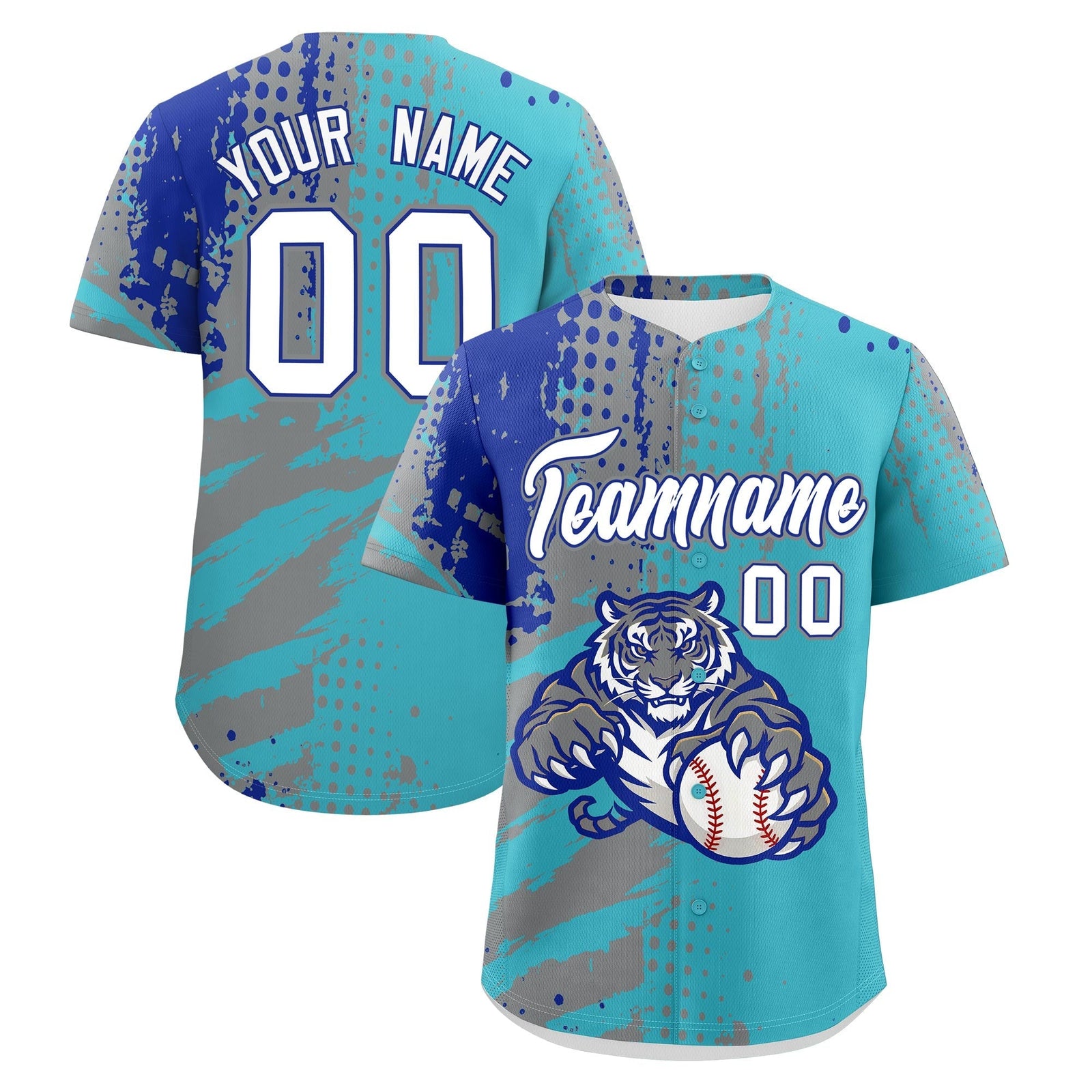 Custom Sky Blue Gray Royal Blue Full-Snap Graffiti Pattern Tiger Graffiti Jersey Baseball Jersey| KXKSHOP