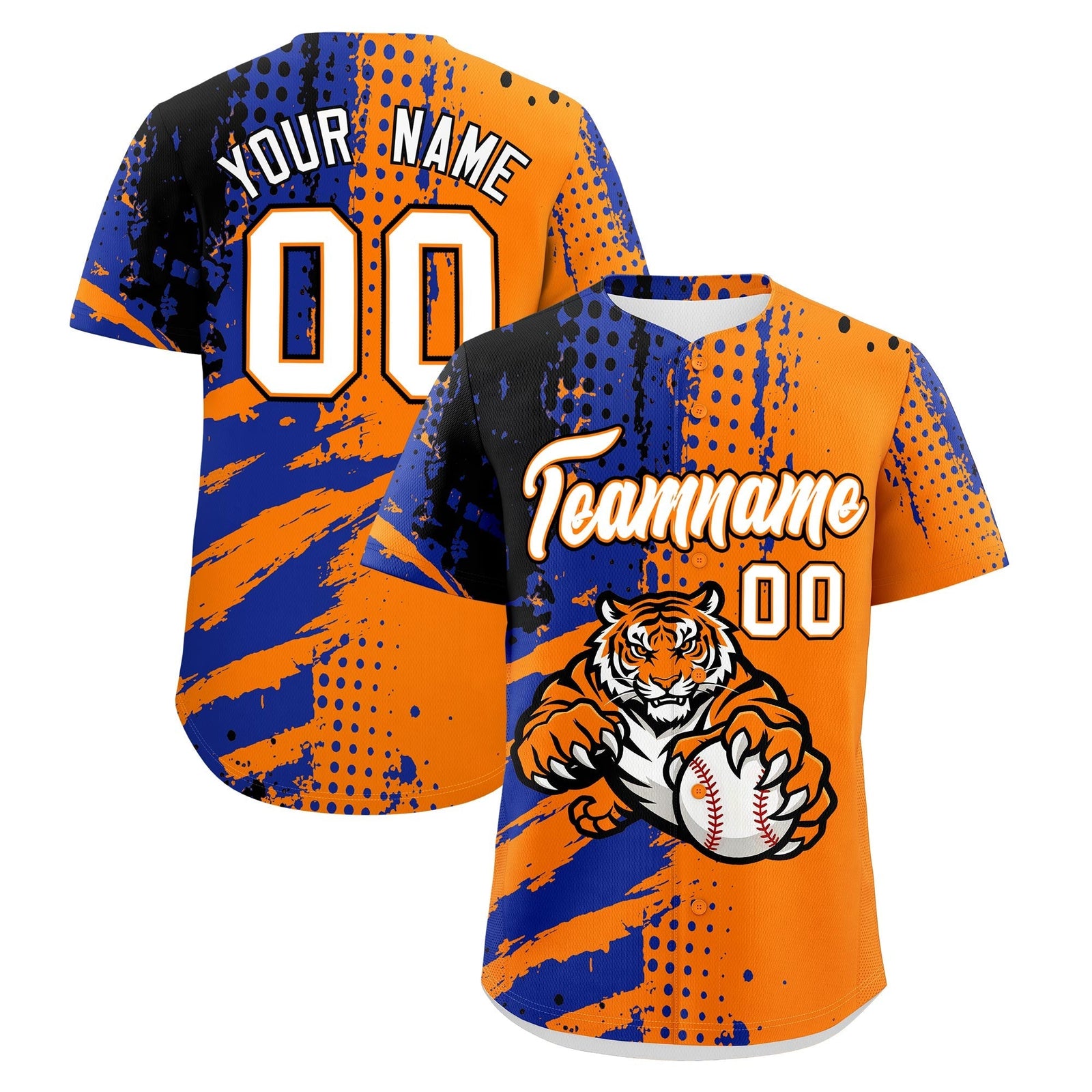 Custom Orange Royal Blue Black Full-Snap Graffiti Pattern Tiger Graffiti Jersey Baseball Jersey| KXKSHOP