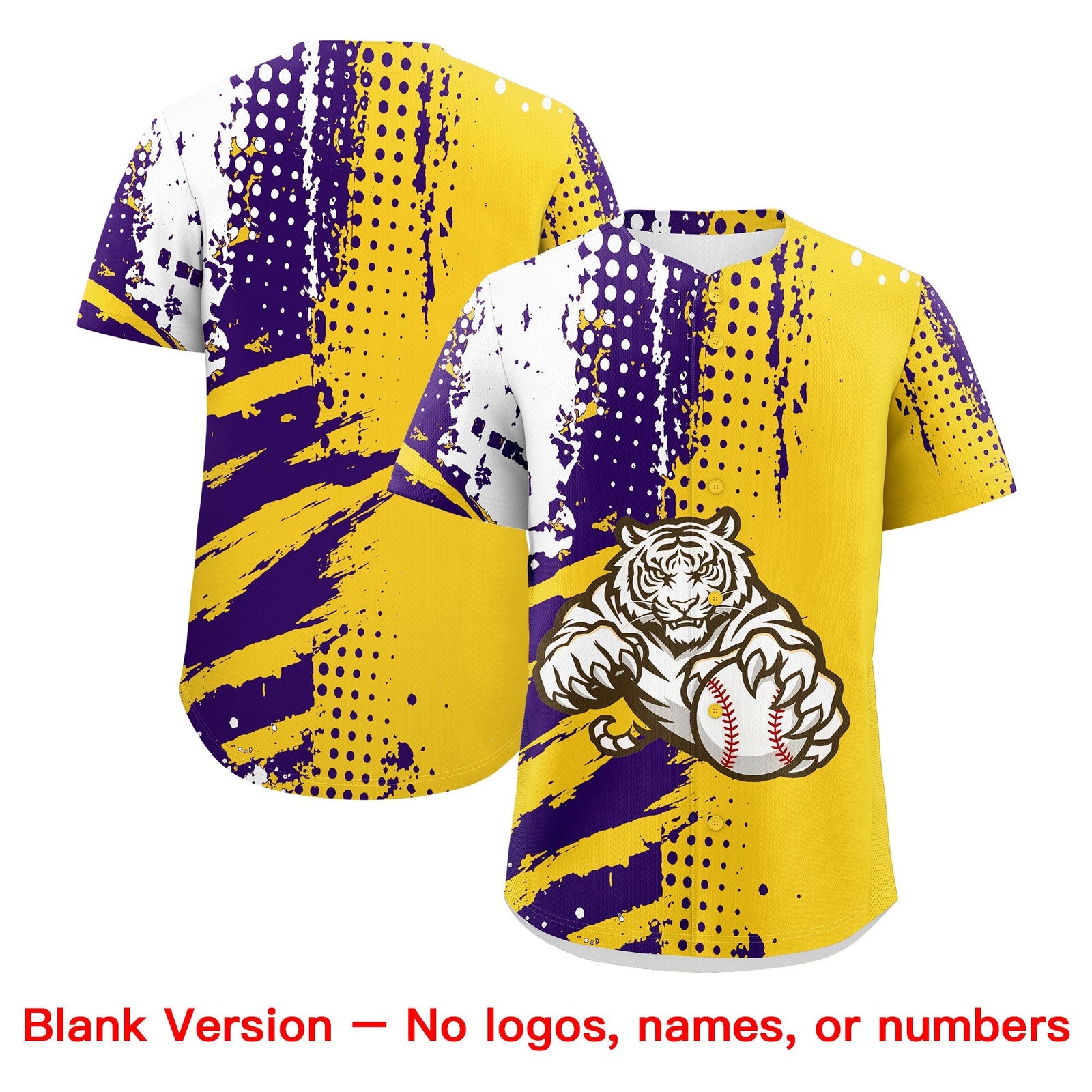 Custom Gold Purple White Full-Snap Graffiti Pattern Tiger Graffiti Jersey Baseball Jersey| KXKSHOP