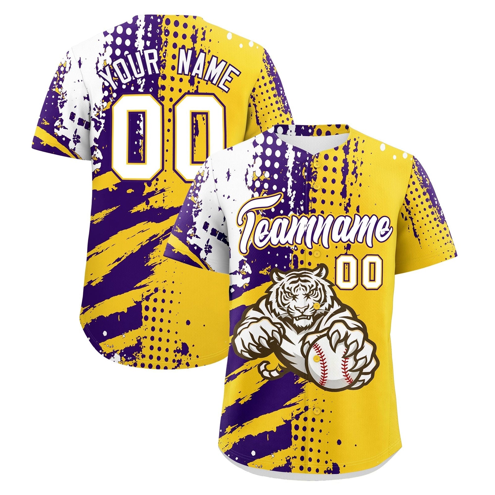Custom Gold Purple White Full-Snap Graffiti Pattern Tiger Graffiti Jersey Baseball Jersey| KXKSHOP