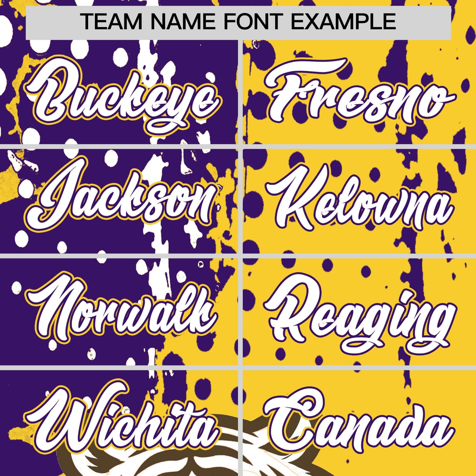 Custom Gold Purple White Full-Snap Graffiti Pattern Tiger Graffiti Jersey Baseball Jersey| KXKSHOP