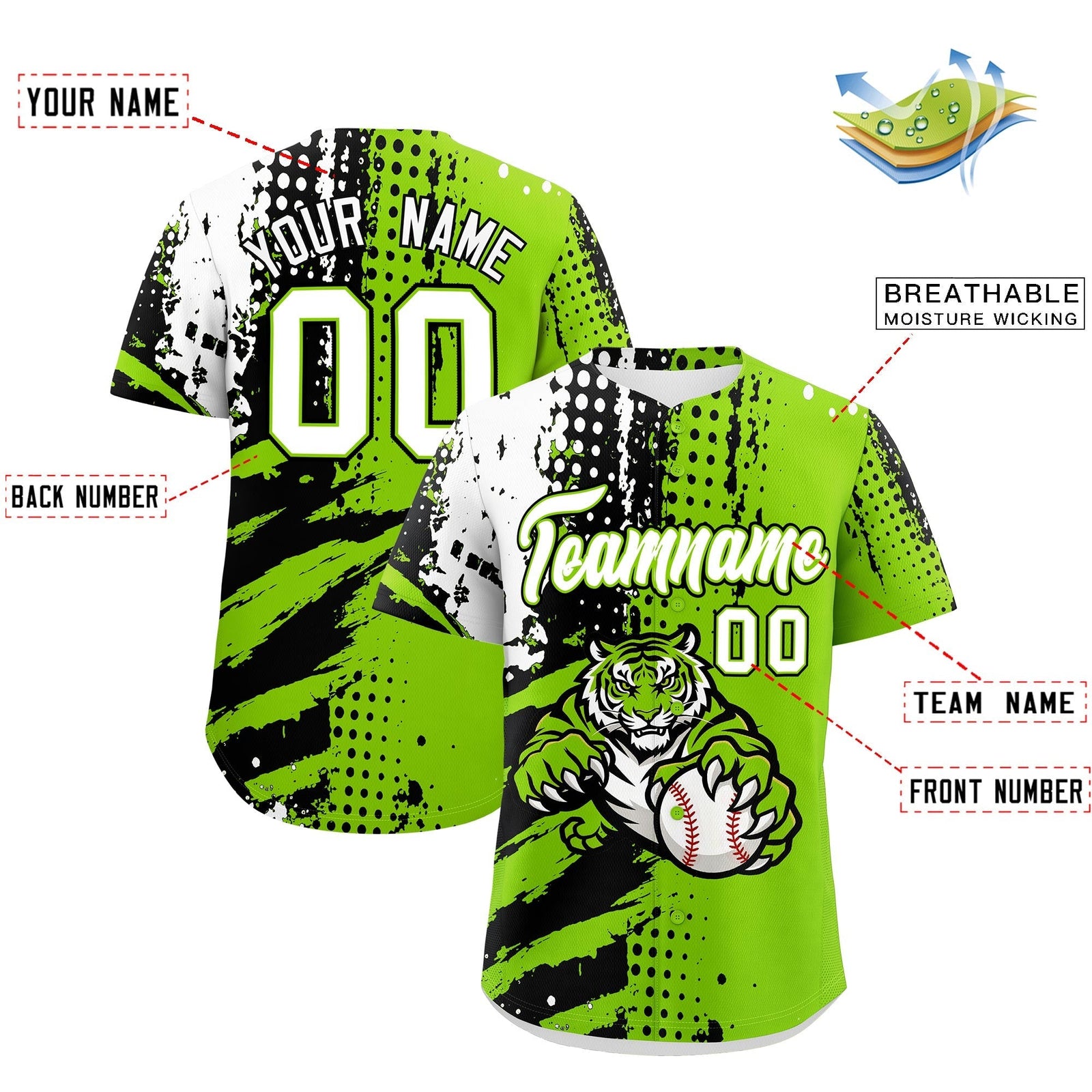 Custom Neon Green Black White Full-Snap Graffiti Pattern Tiger Graffiti Jersey Baseball Jersey| KXKSHOP