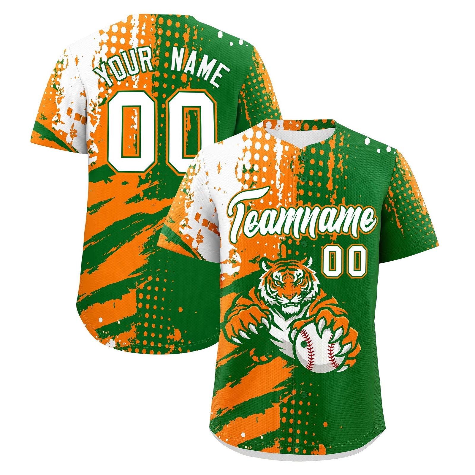 Custom Kelly Green Orange White Full-Snap Graffiti Pattern Tiger Graffiti Jersey Baseball Jersey| KXKSHOP