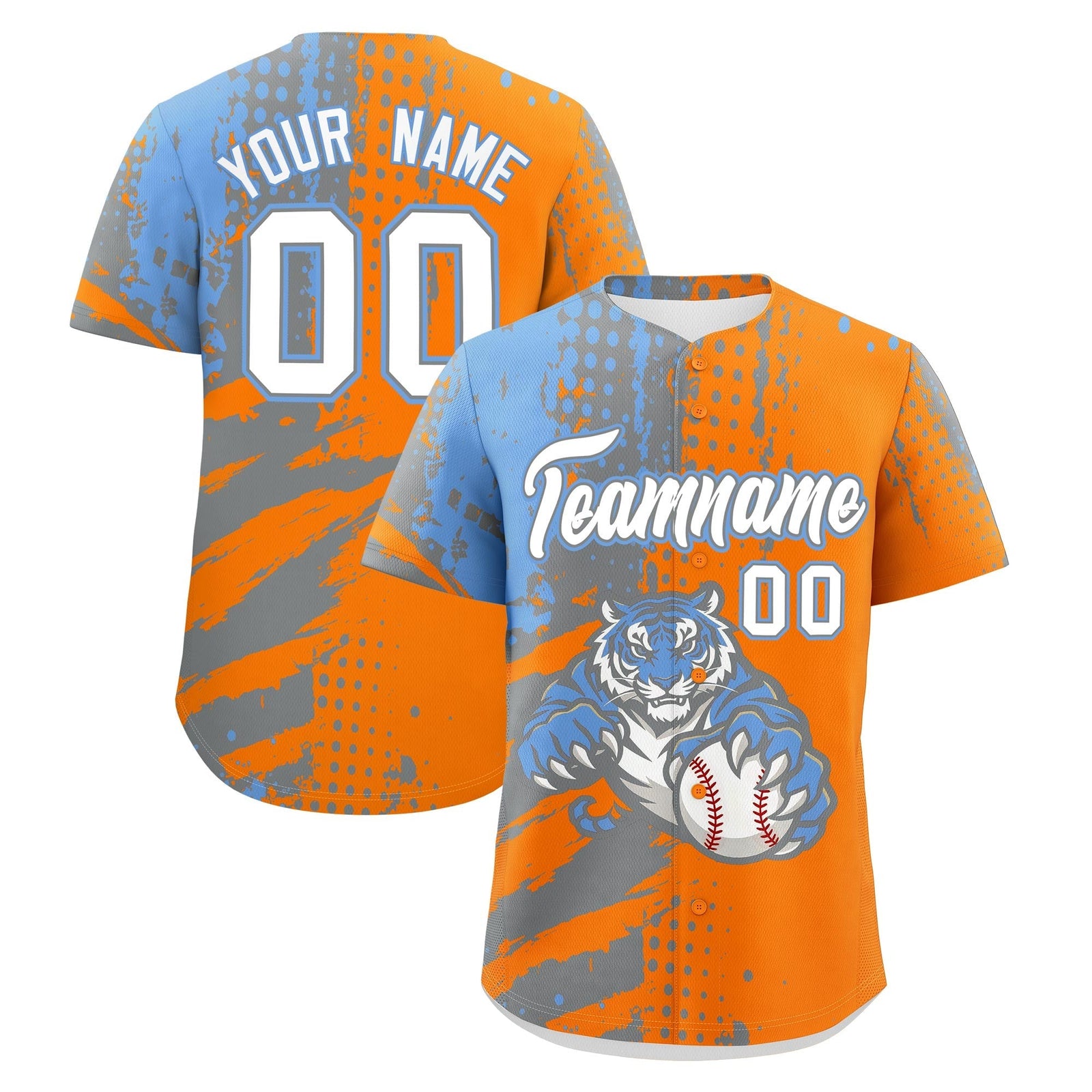 Custom Orange Silver Light Blue Full-Snap Graffiti Pattern Tiger Graffiti Jersey Baseball Jersey| KXKSHOP