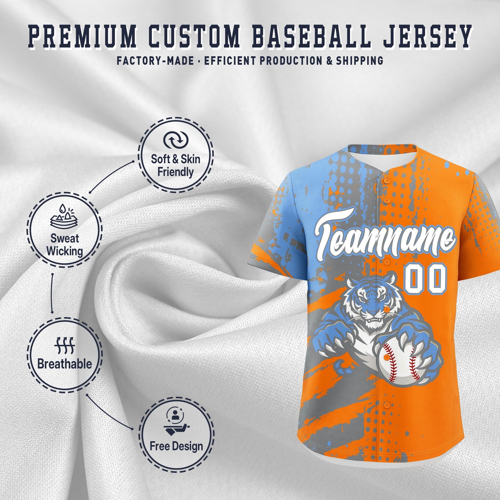 Custom Orange Silver Light Blue Full-Snap Graffiti Pattern Tiger Graffiti Jersey Baseball Jersey| KXKSHOP