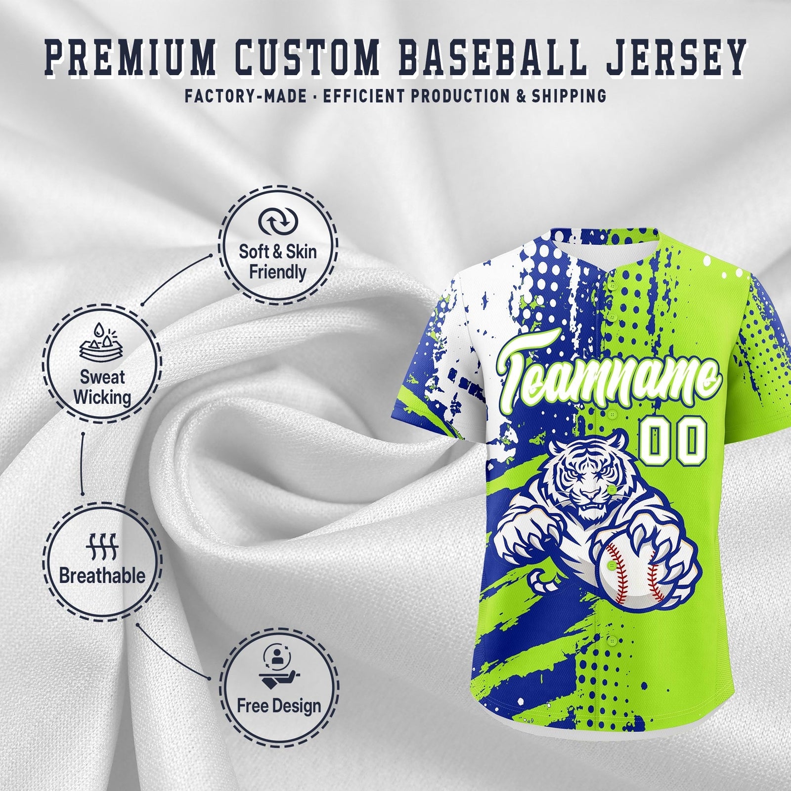 Custom Royal Blue Neon Green White Full-Snap Graffiti Pattern Tiger Graffiti Jersey Baseball Jersey| KXKSHOP