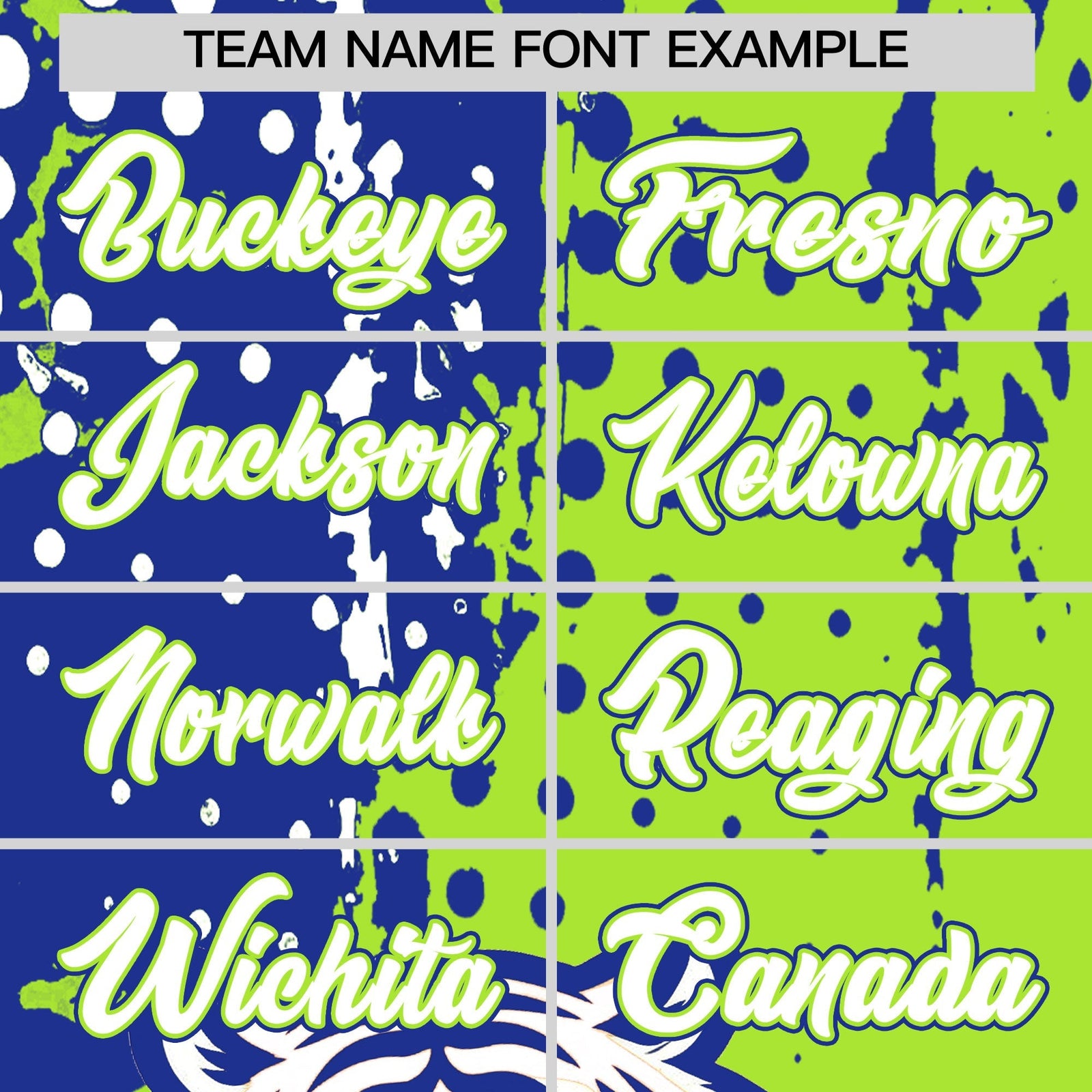 Custom Royal Blue Neon Green White Full-Snap Graffiti Pattern Tiger Graffiti Jersey Baseball Jersey| KXKSHOP