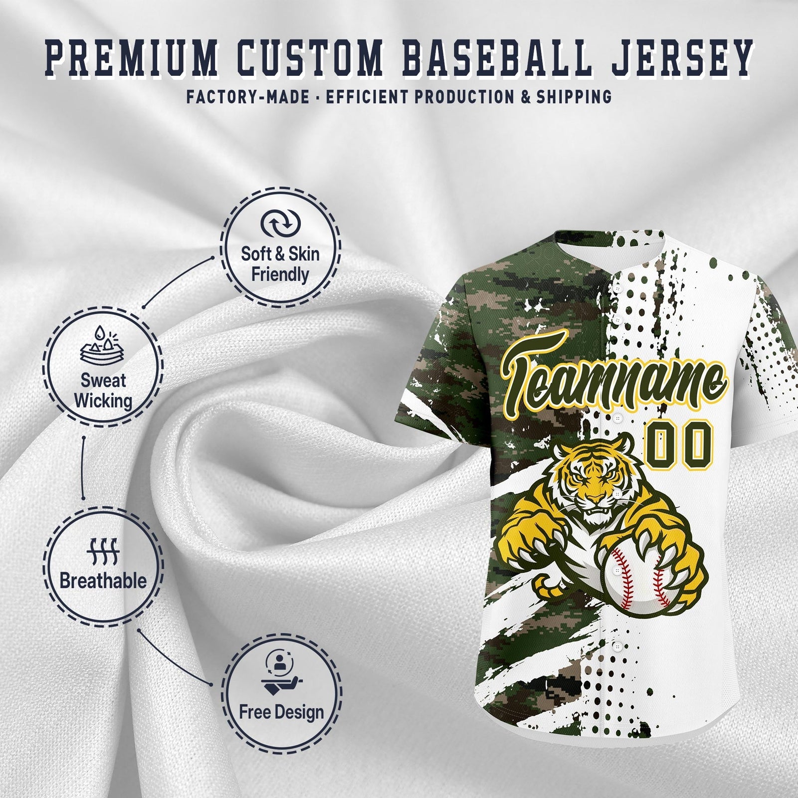 Custom White Camo Olive Full-Snap Graffiti Pattern Tiger Graffiti Jersey Baseball Jersey| KXKSHOP