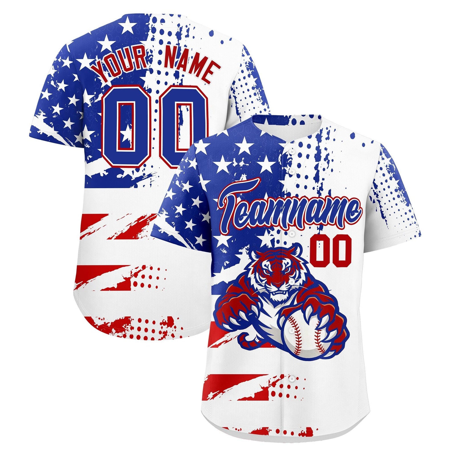 Custom Royal Blue White Red Full-Snap Graffiti Pattern Tiger Graffiti Jersey Baseball Jersey| KXKSHOP