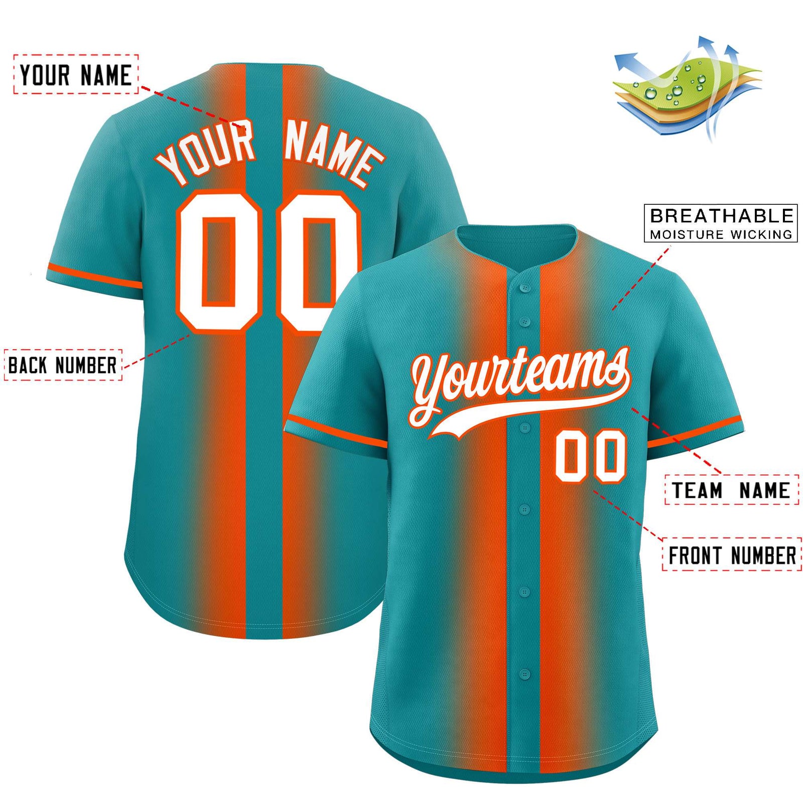 Custom Aqua Orange Lapel Gradient Fashion Authentic Baseball Jersey